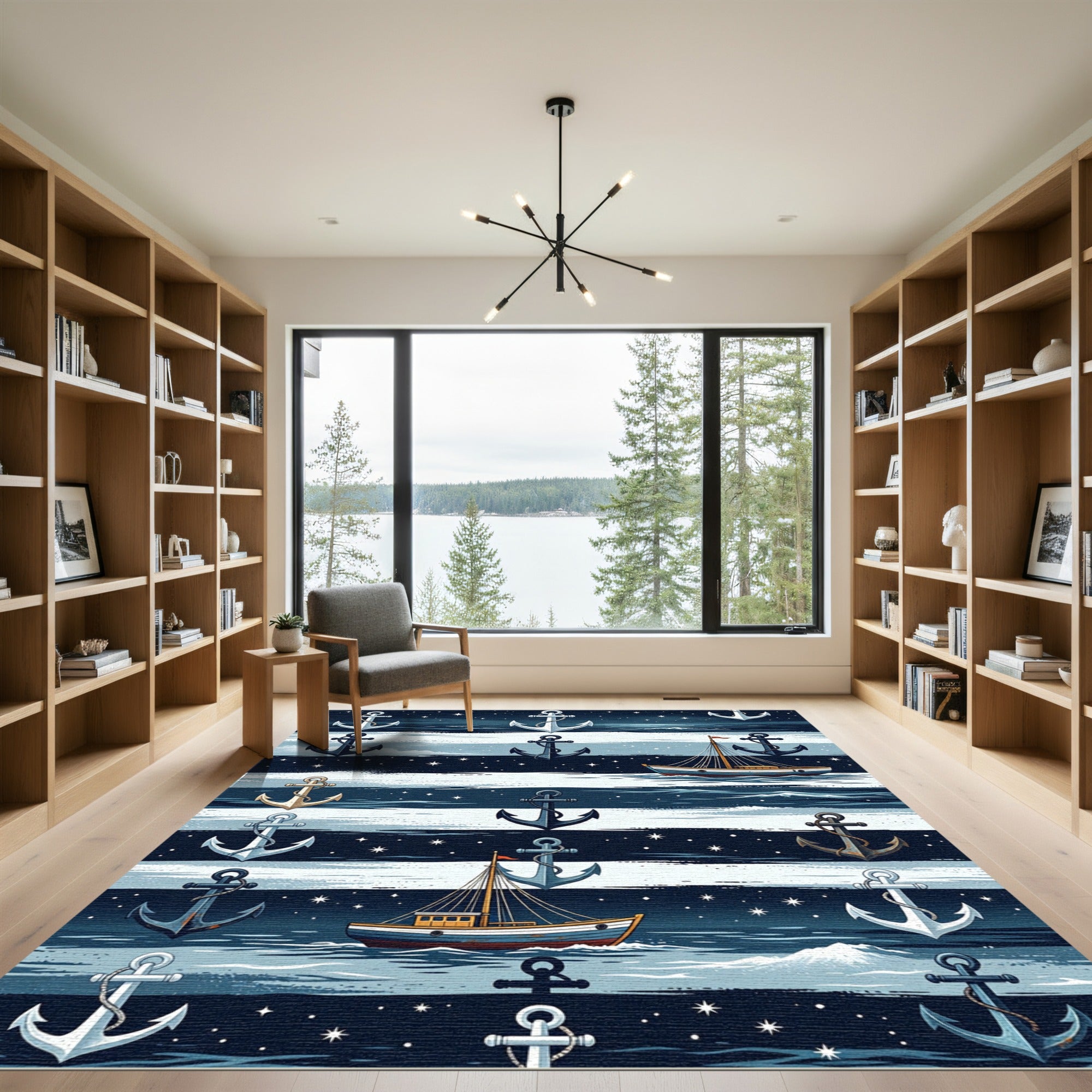 Navy Nautical Anchor and Boat Striped Rug