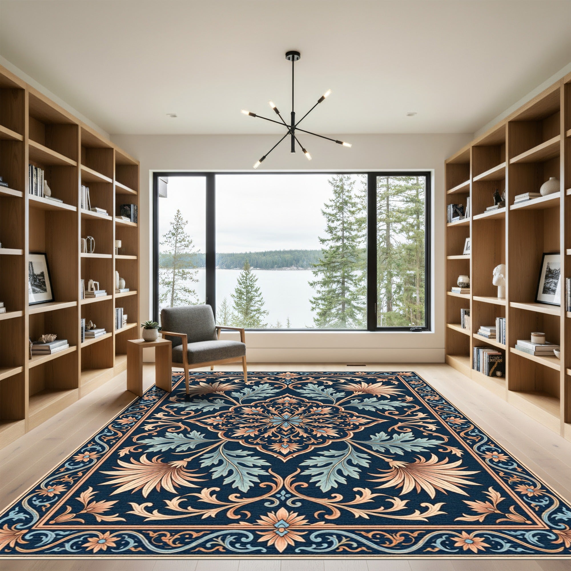 Navy Blue Floral Swirl Inlay Rug