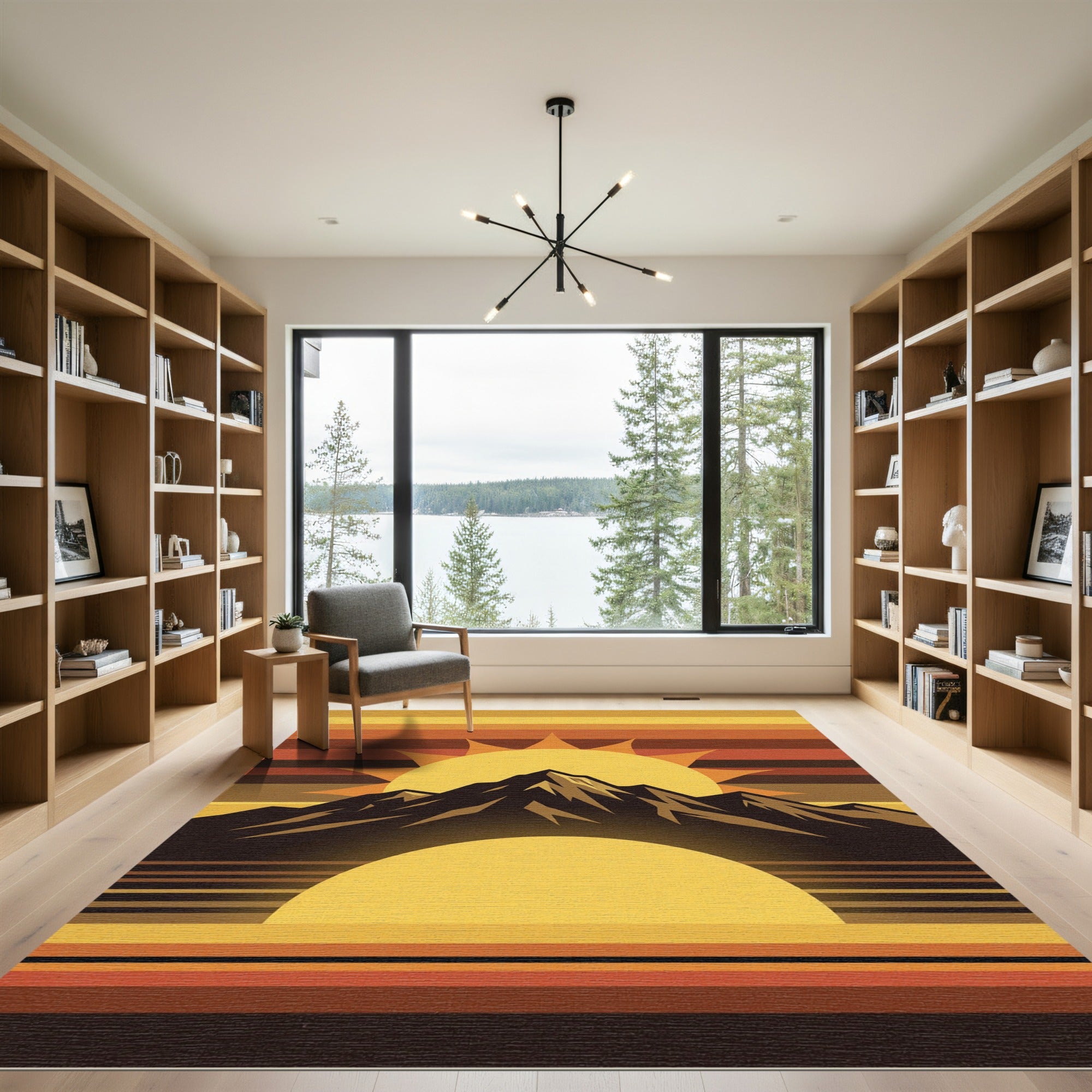 Retro Golden Sun Mountain Horizon Rug