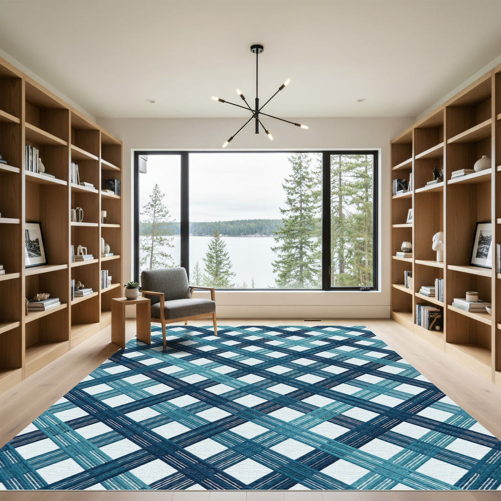 Deep Blue Teal Diagonal Plaid Rug