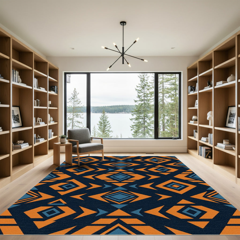 Bold Navy and Orange Geometric Diamond Rug