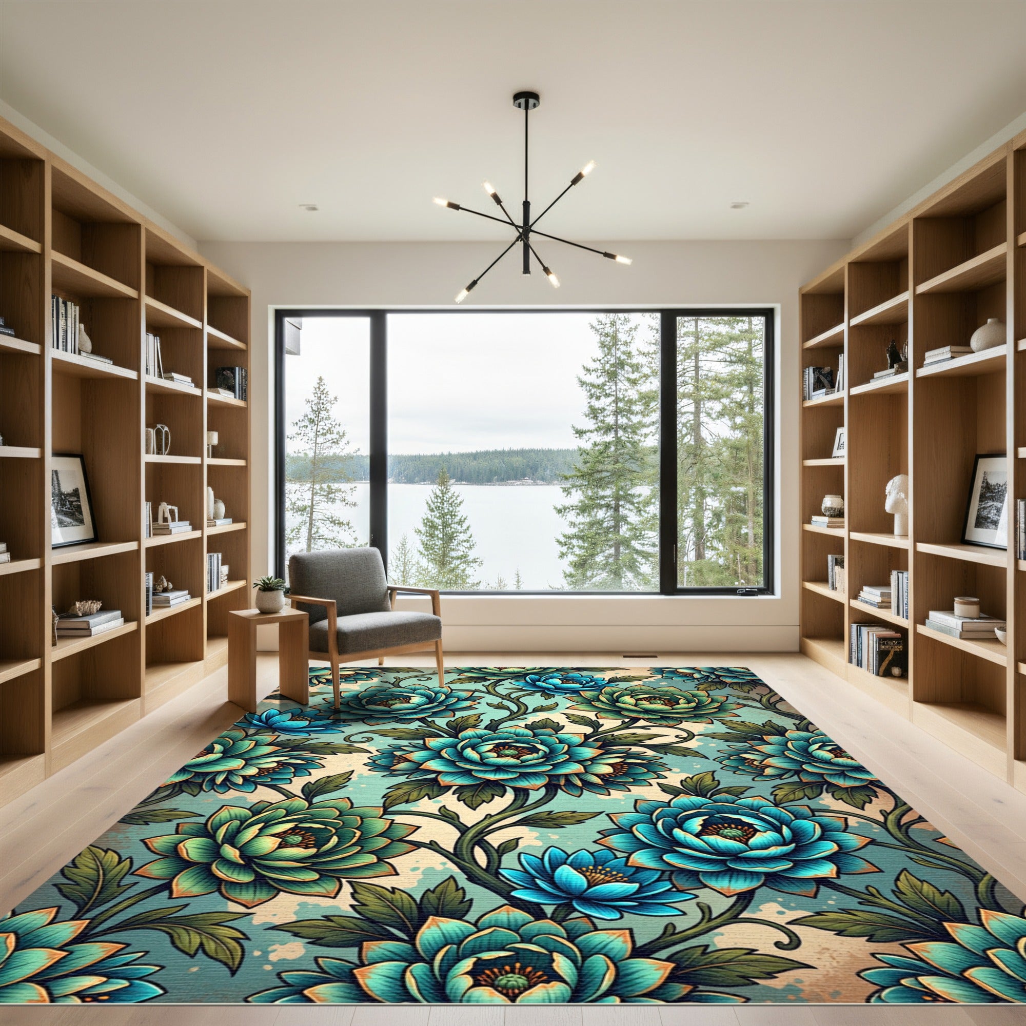 Teal Botanical Chrysanthemum Flourish Art Rug