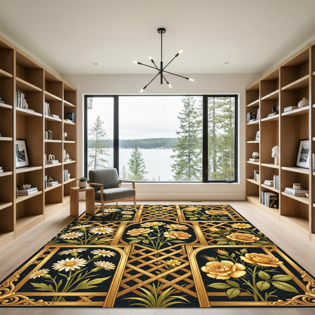 Golden Floral Lattice Garden Art Rug