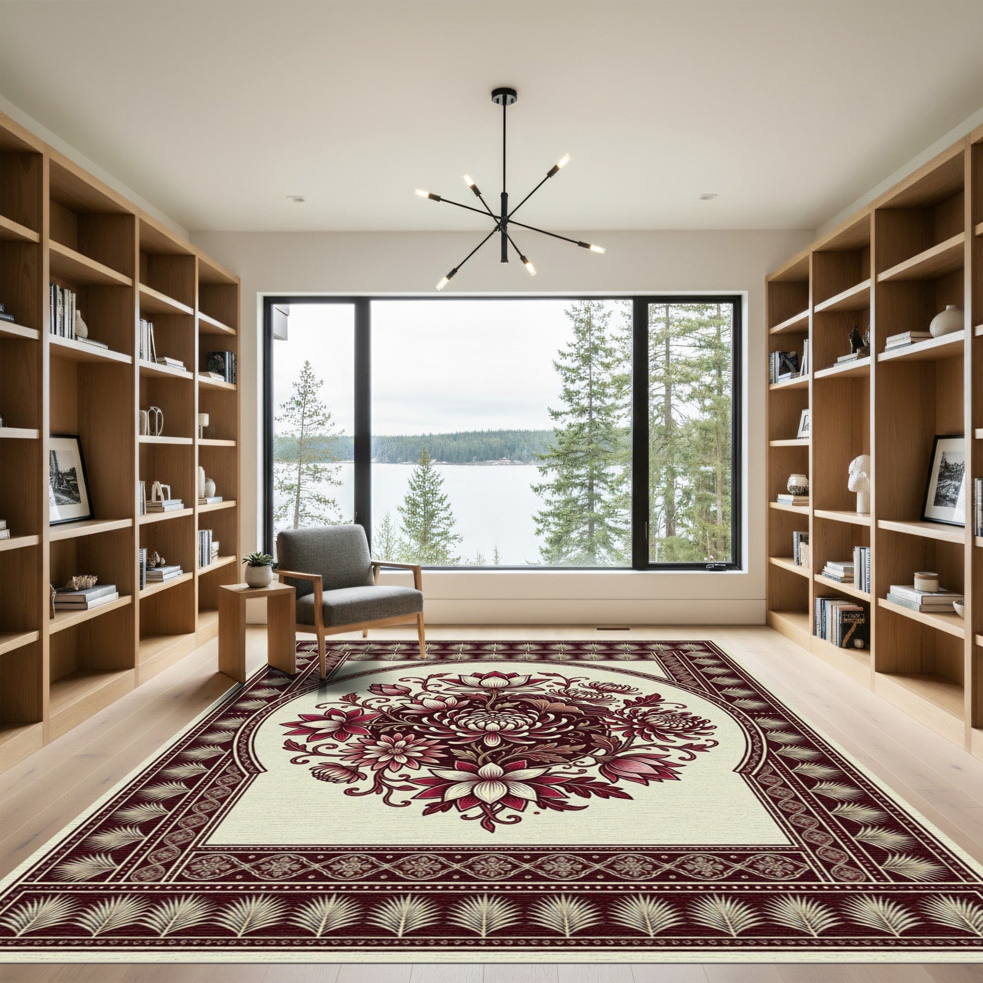 Deep Crimson Lotus Chrysanthemum Medallion Rug