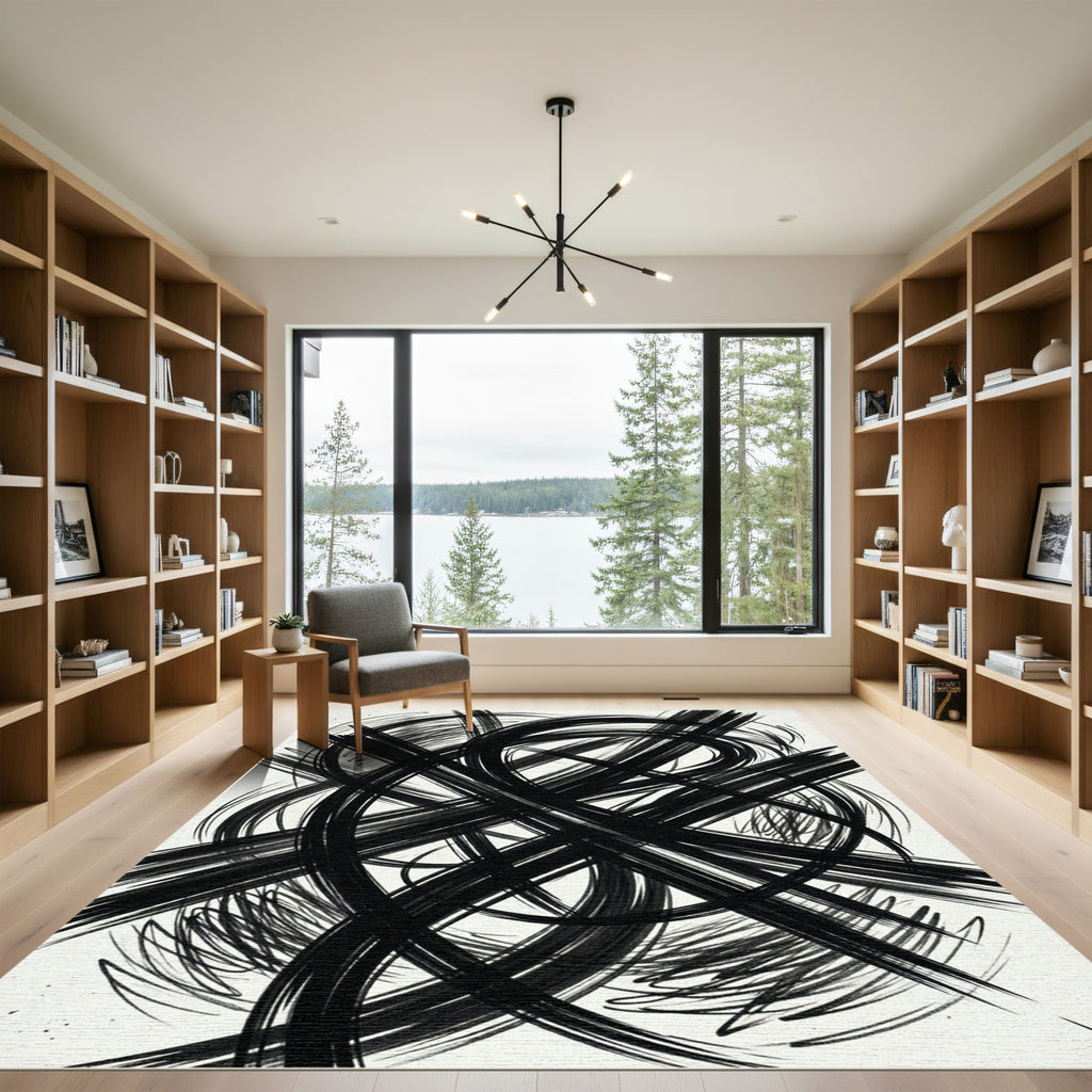 Bold Black Ink Abstract Swirl Rug