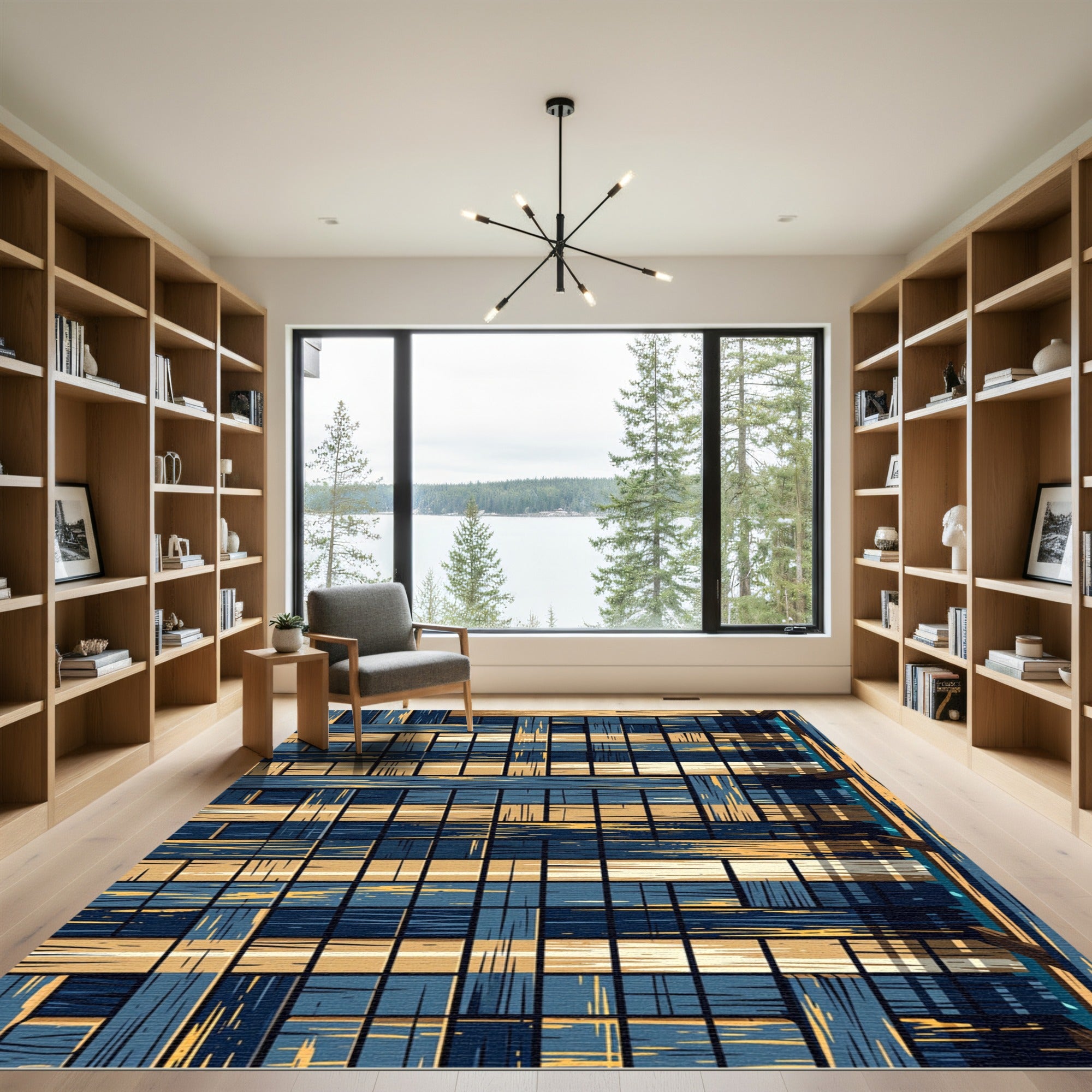 Navy and Gold Slatted Geometric Grid Rug