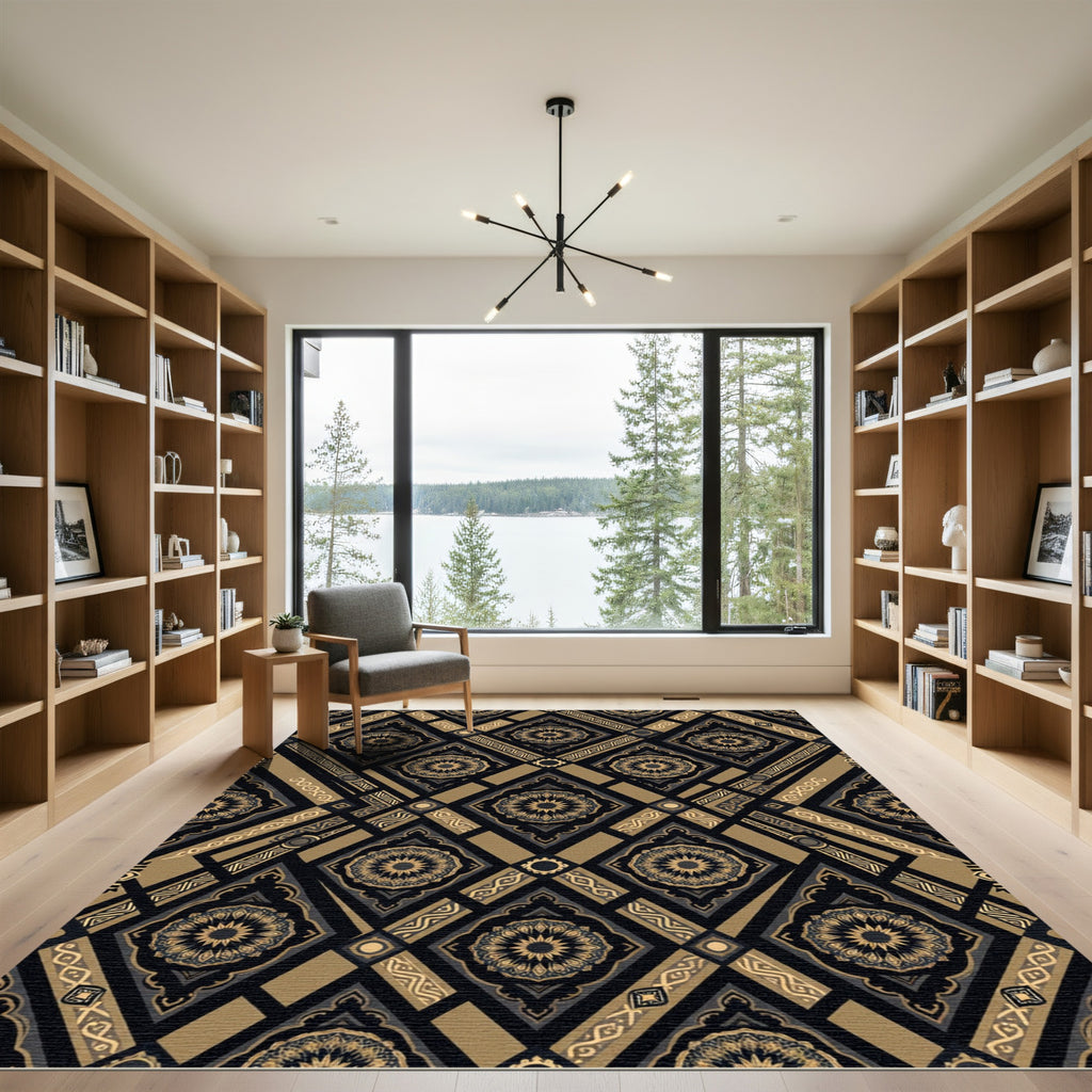 Gold Black Ornate Geometric Diamond Rug