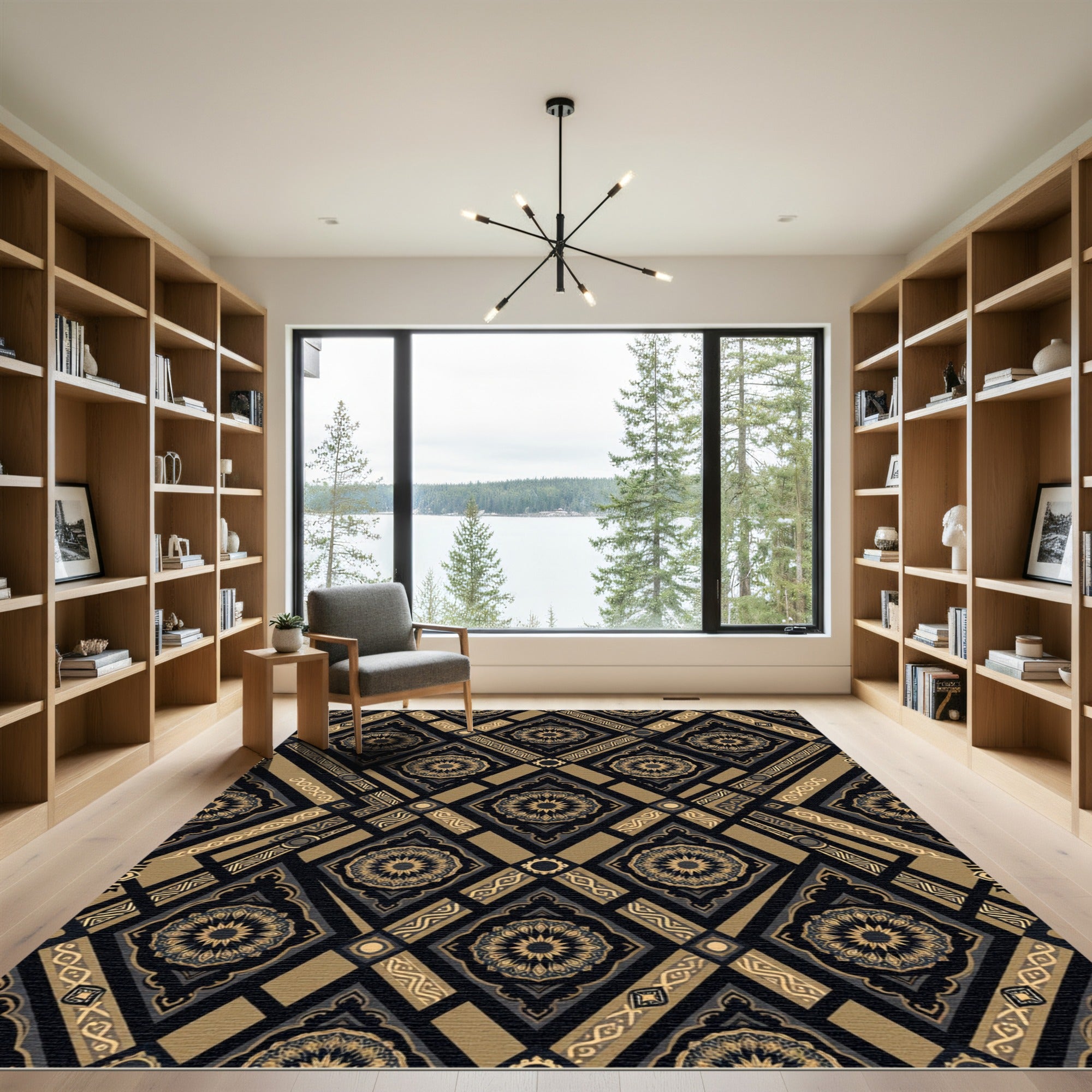 Gold Black Ornate Geometric Diamond Rug