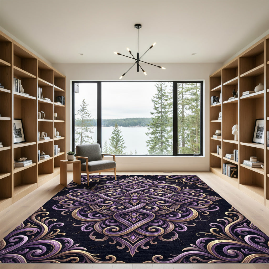 Ornate Amethyst Gold Swirl Medallion Rug