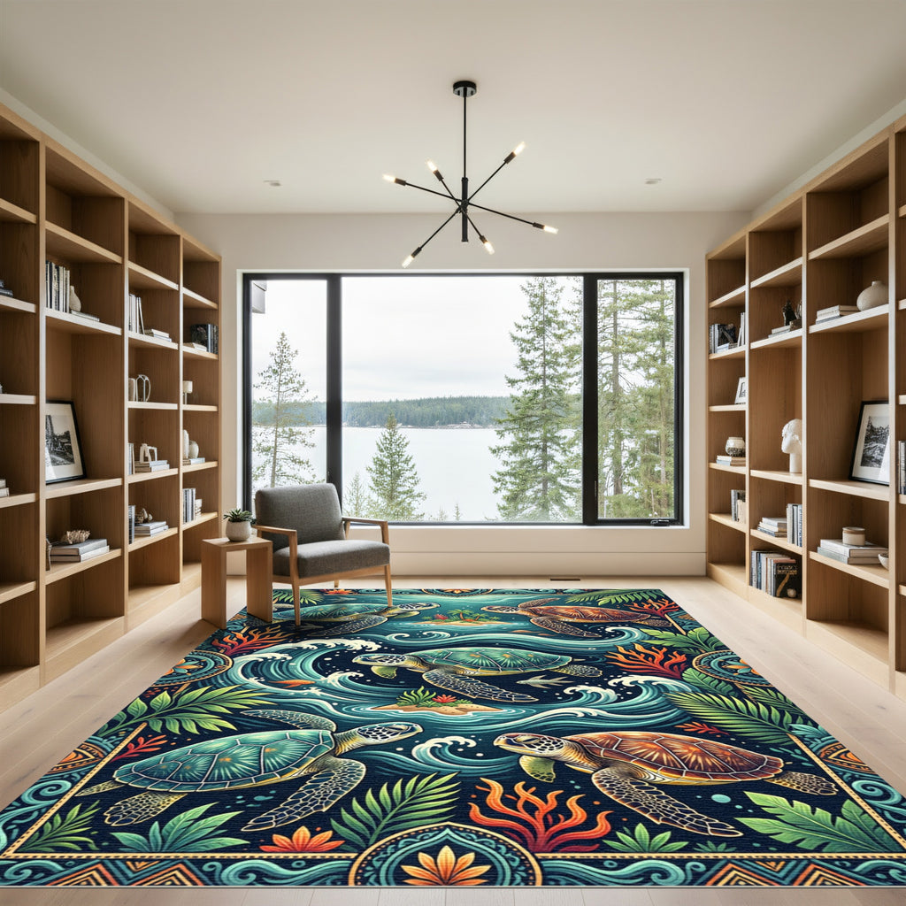 Tropical Sea Turtle Oceanic Wave Tapestry Rug