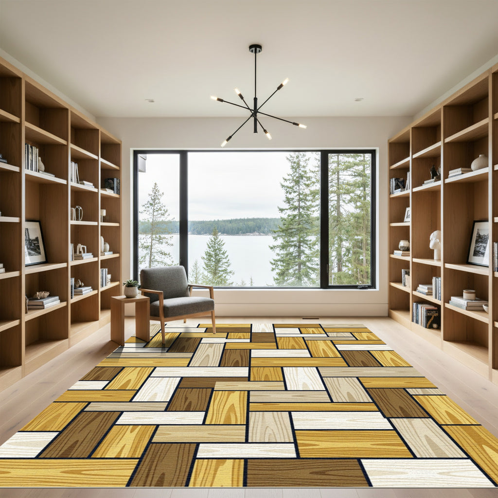 Tonal Wood Planks Geometric Composition Rug