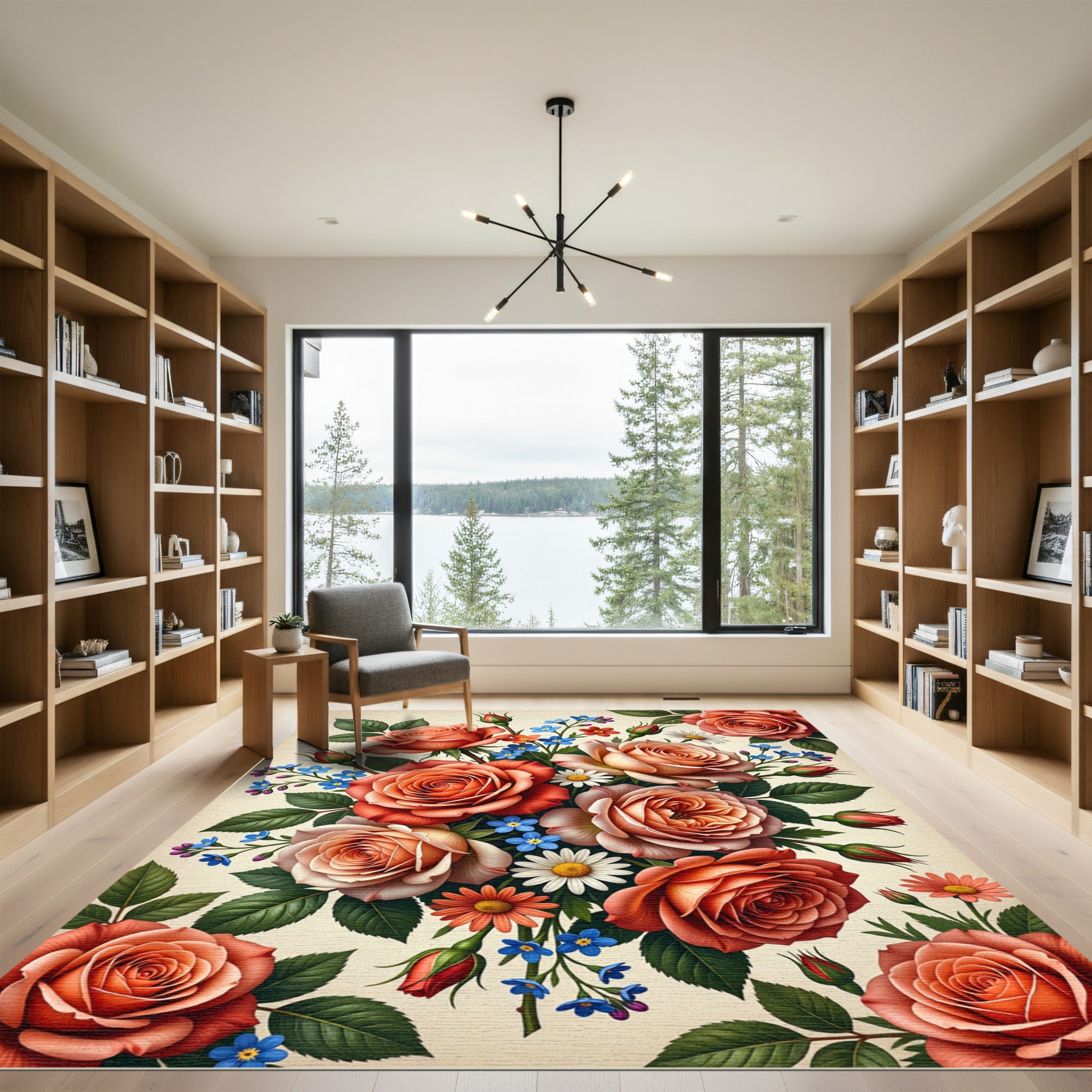 Elegant Coral Rose Bouquet Floral Art Rug