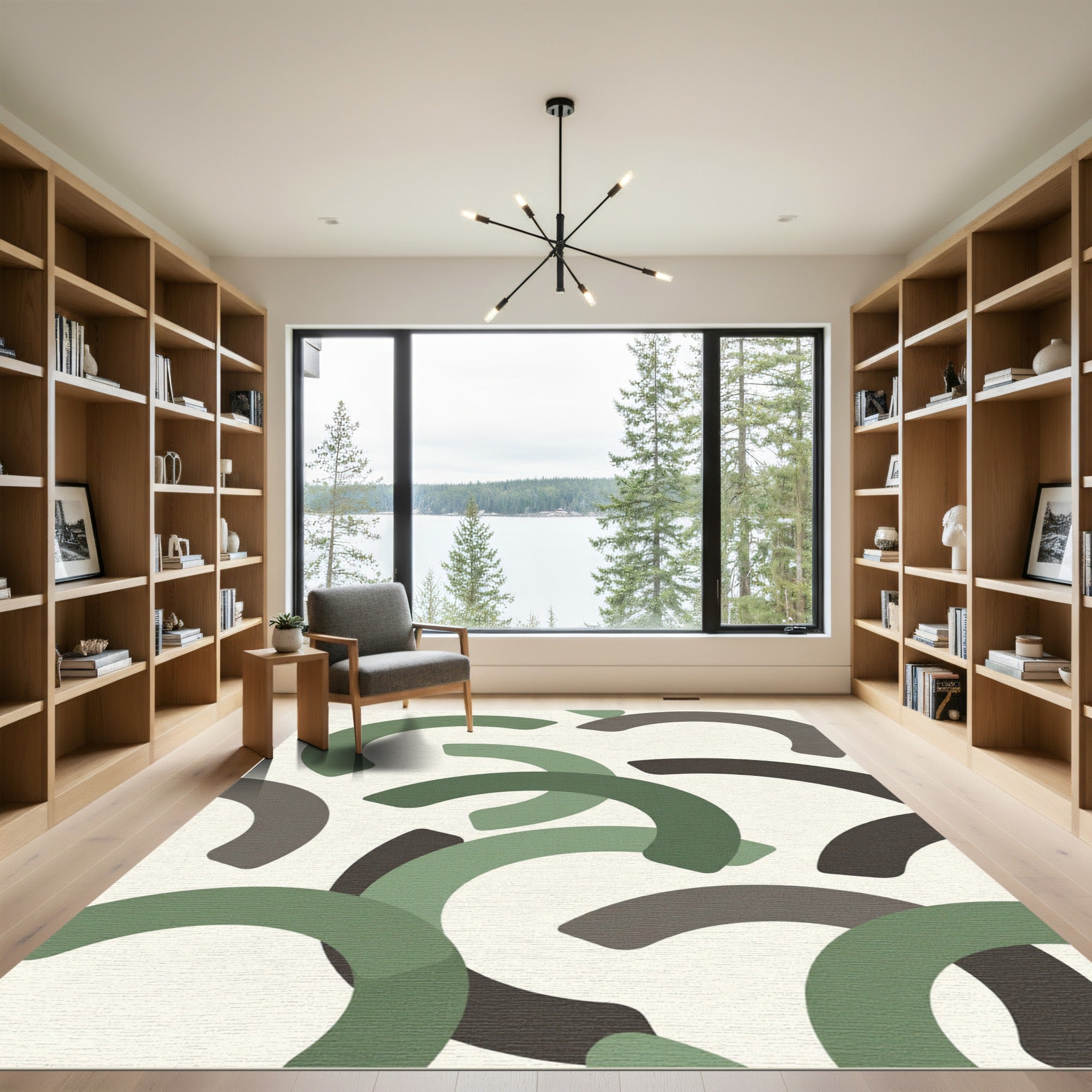 Modern Sage and Charcoal Abstract Arc Rug