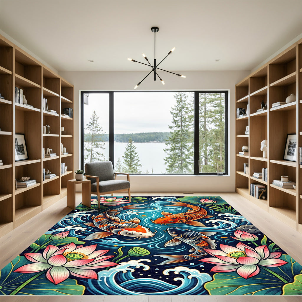 Vibrant Koi Fish and Lotus Water Blossom Rug