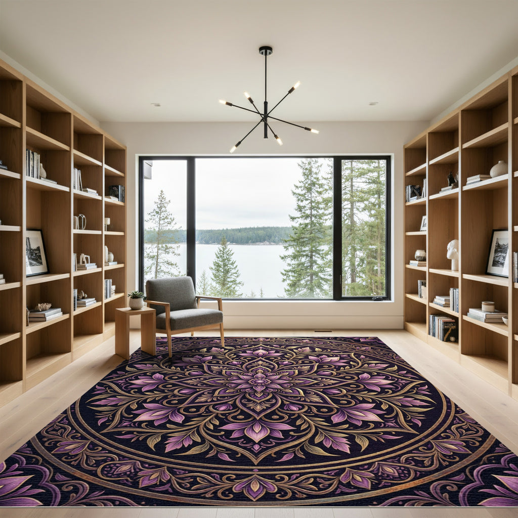Ornate Purple Gold Floral Mandala Rug