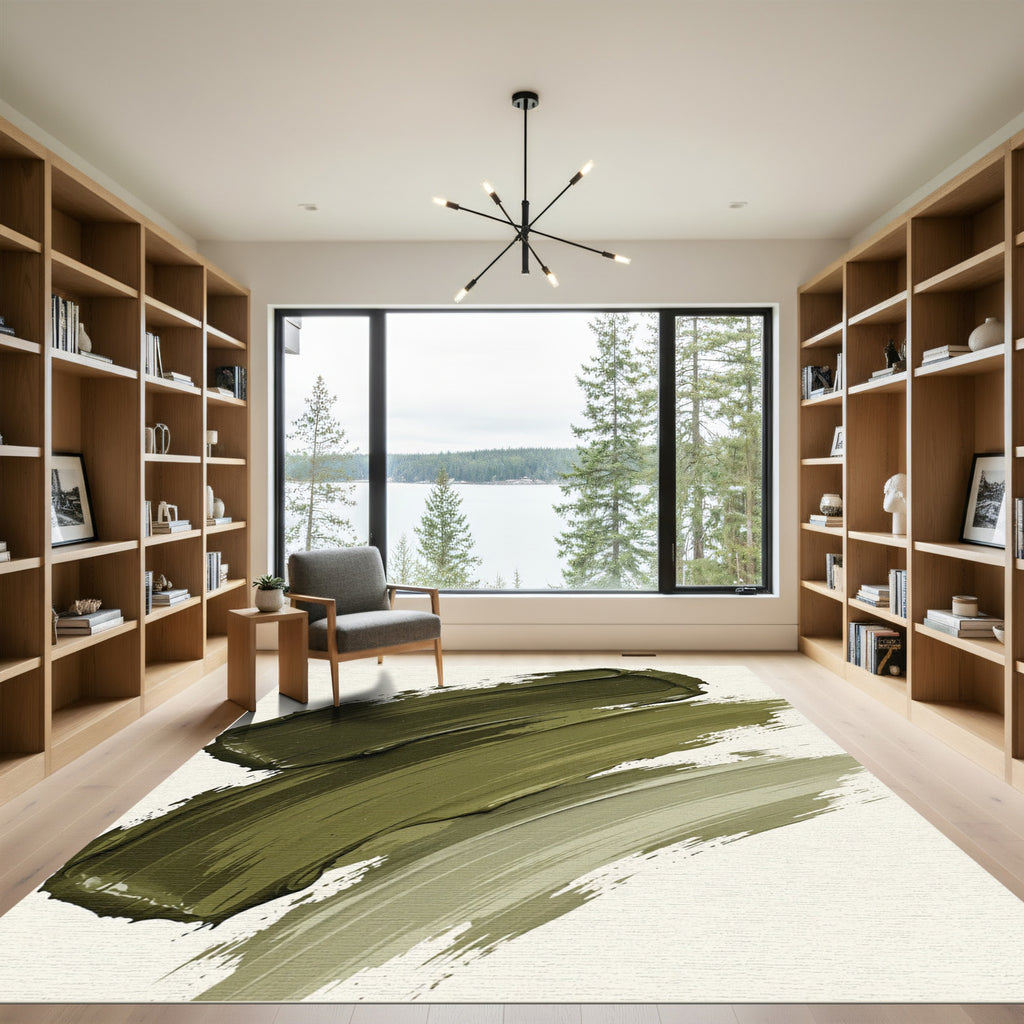 Minimalist Olive Green Abstract Brushstroke Rug