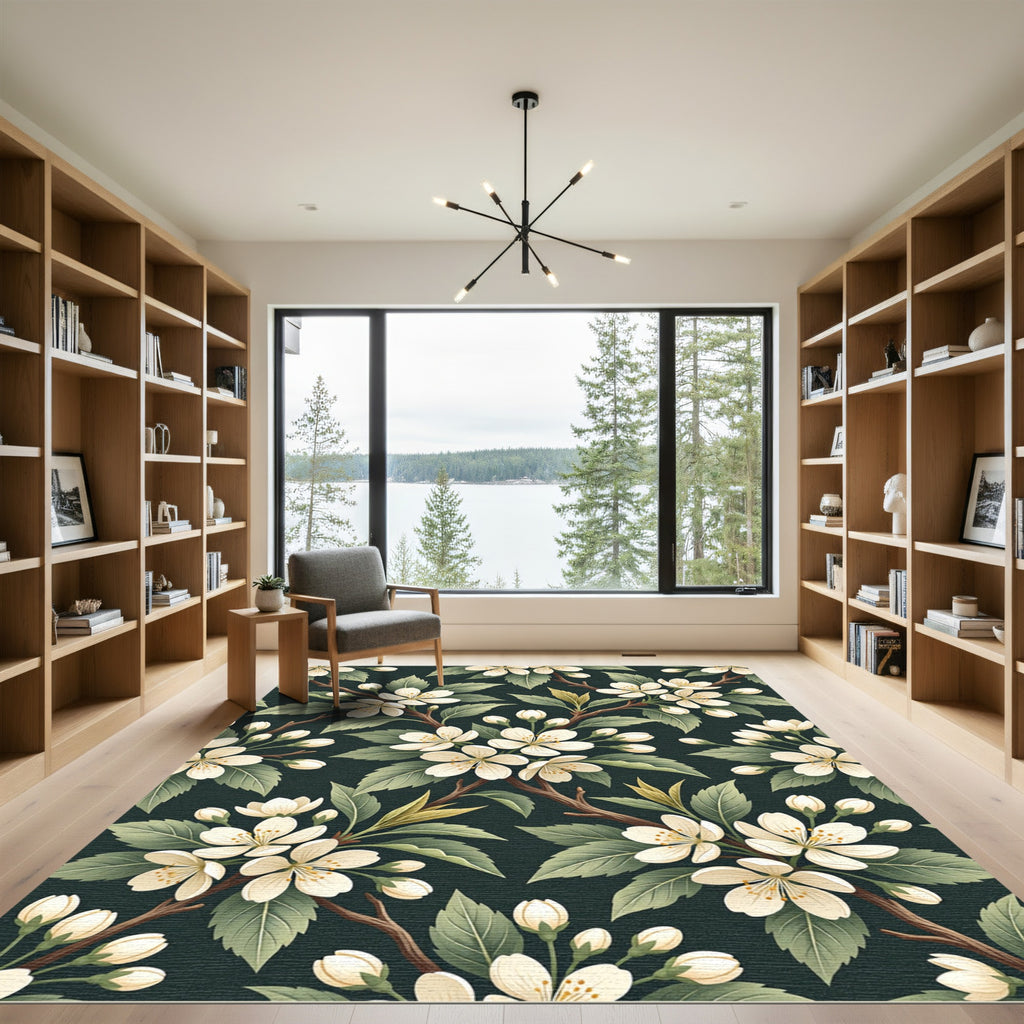 Cream Apple Blossom Deep Green Backdrop Rug