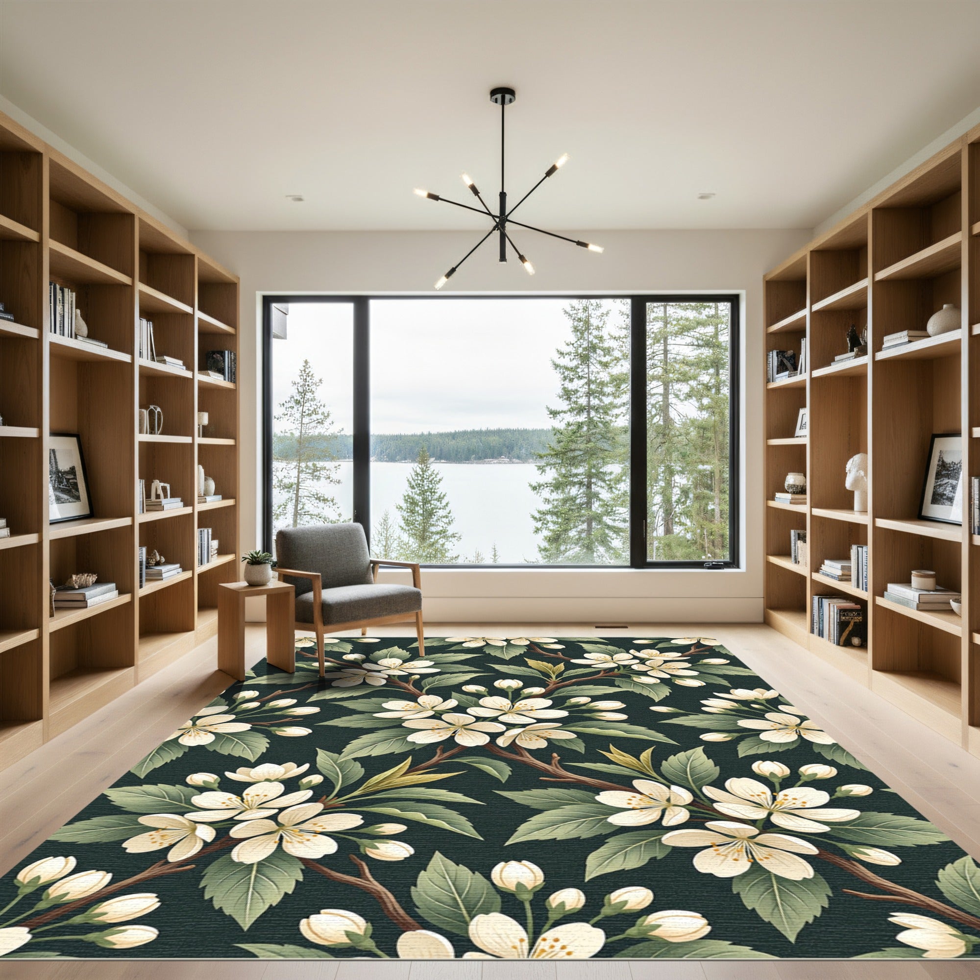 Cream Apple Blossom Deep Green Backdrop Rug