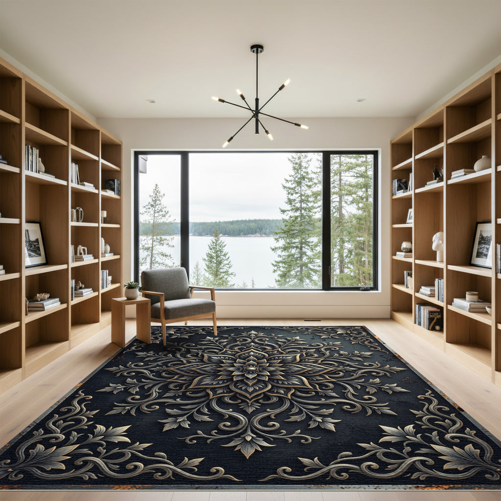 Ornate Black and Gold Medallion Rug
