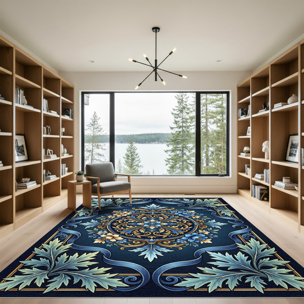Intricate Blue Gold Floral Medallion Rug