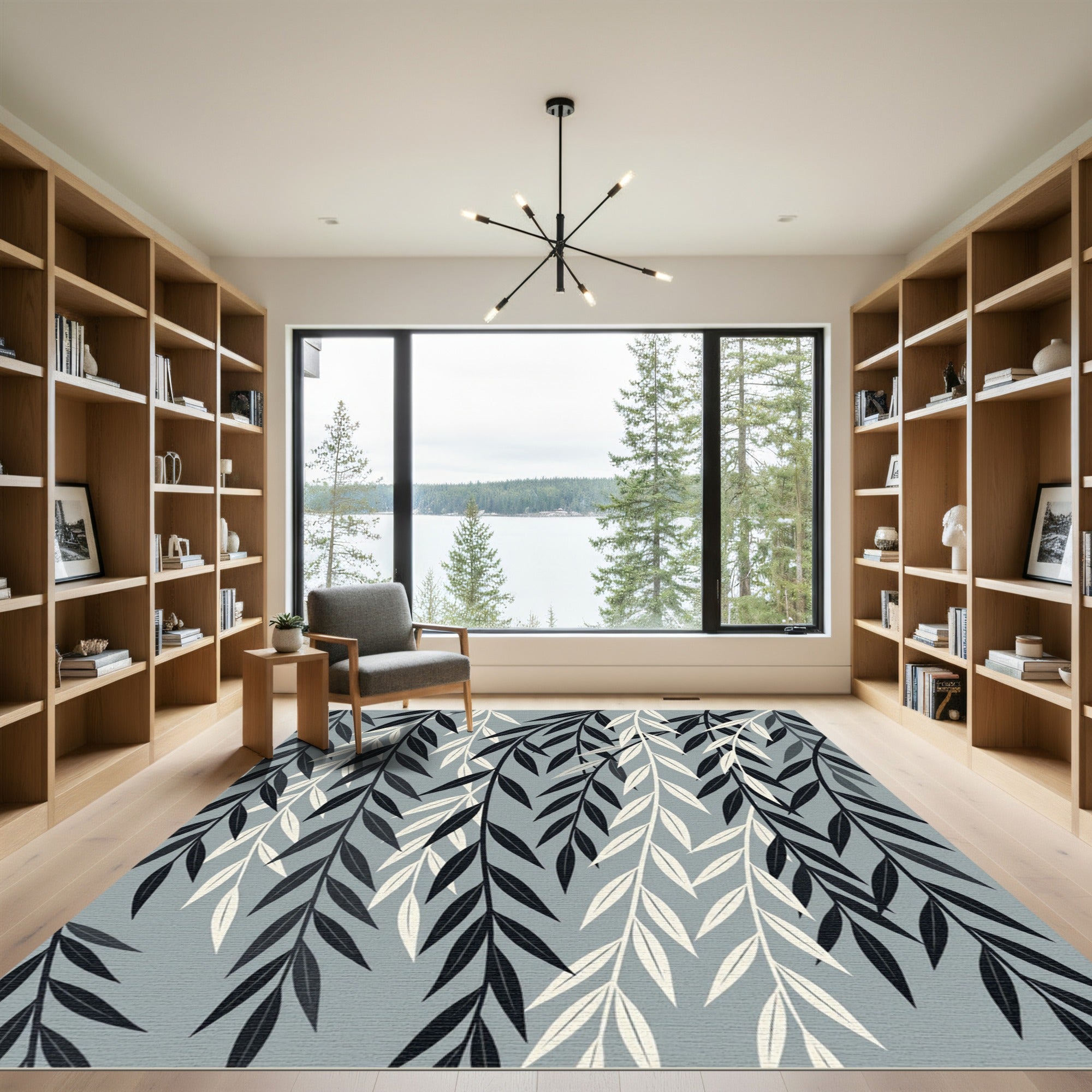 Minimalist Willow Branch Grey Leaf Art Rug