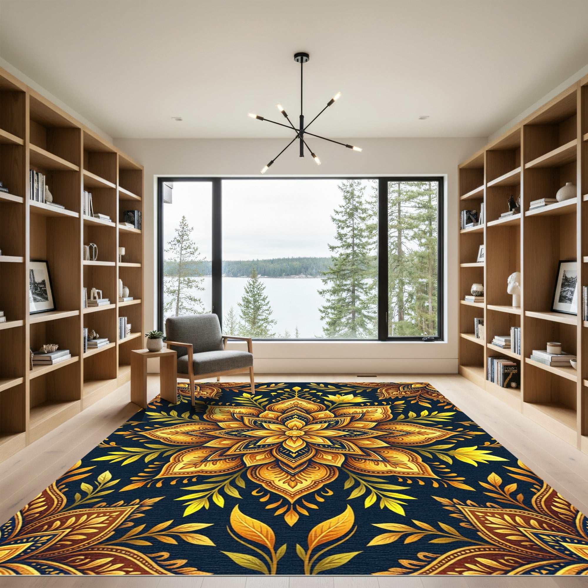 Golden Floral Mandala with Dark Navy Rug