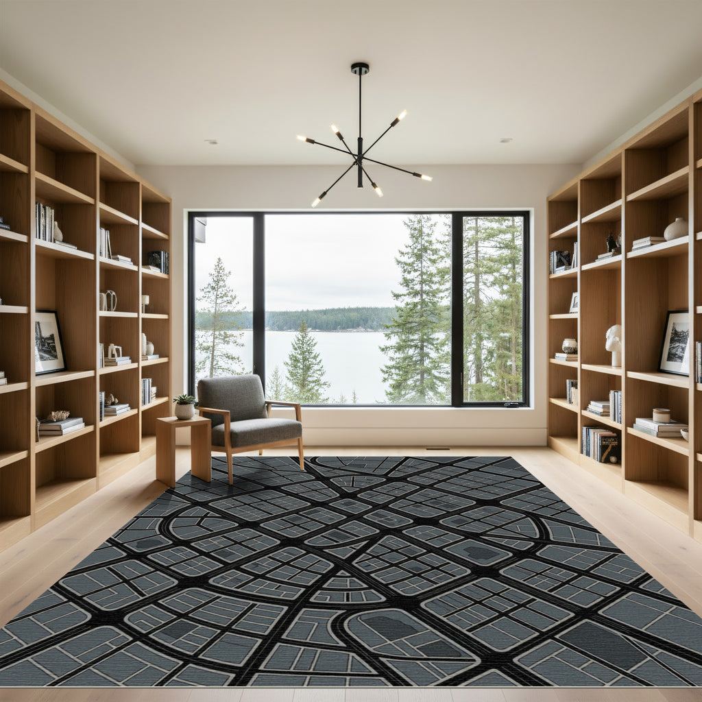 Gray City Grid Abstract Rug