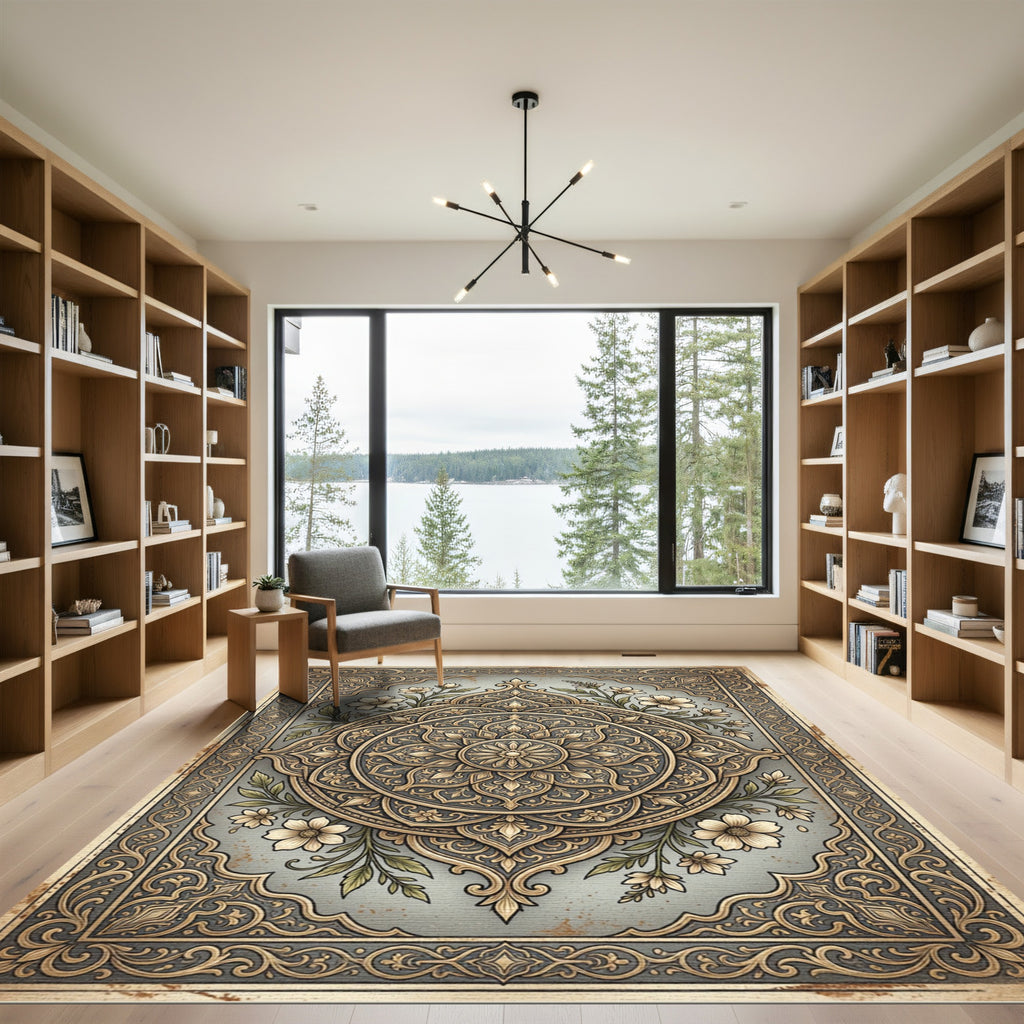 Elegant Champagne Floral Ornate Medallion Rug