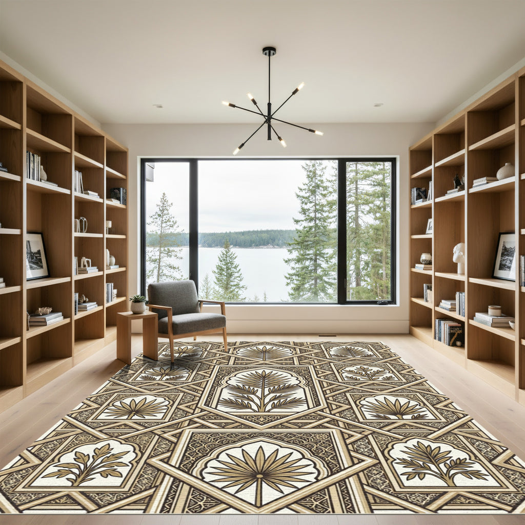 Gold Geometric Botanical Arch Tile Rug