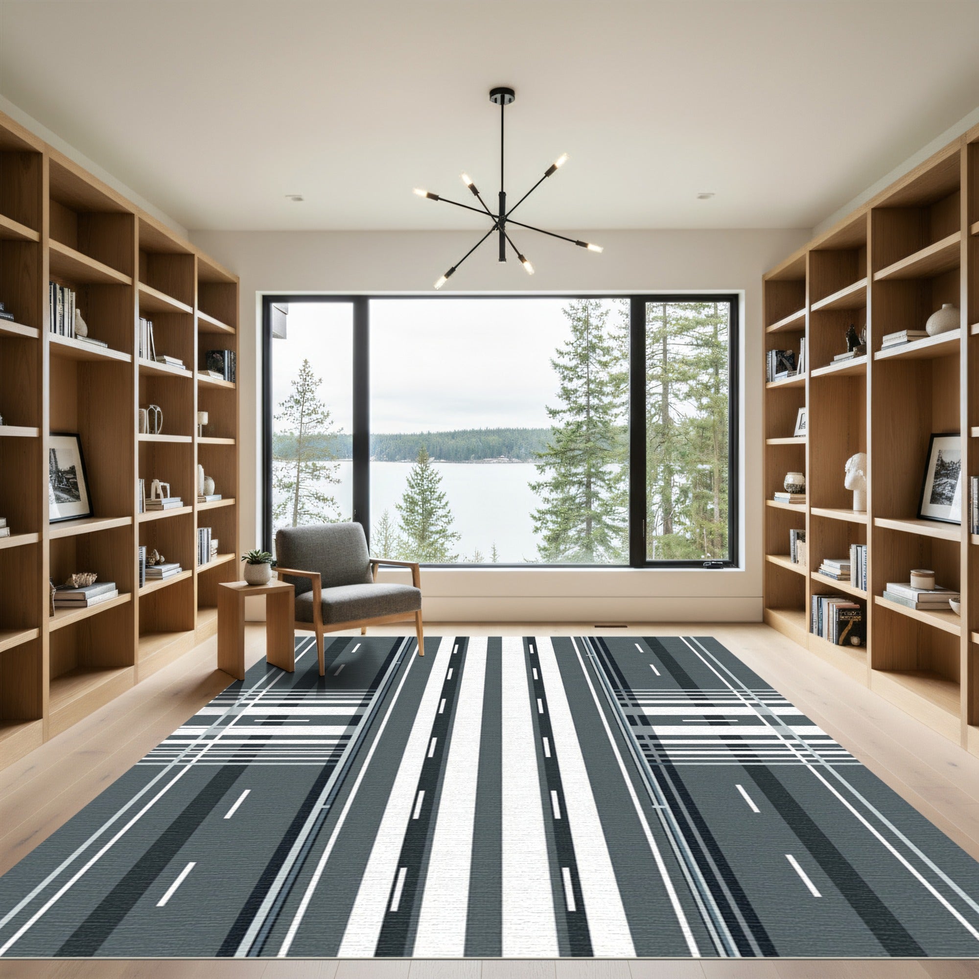 Modern Linear Monochrome Geometric Plaid Rug