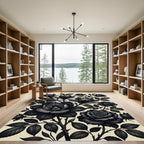 Dramatic Black Rose Magnolia Blossom Rug
