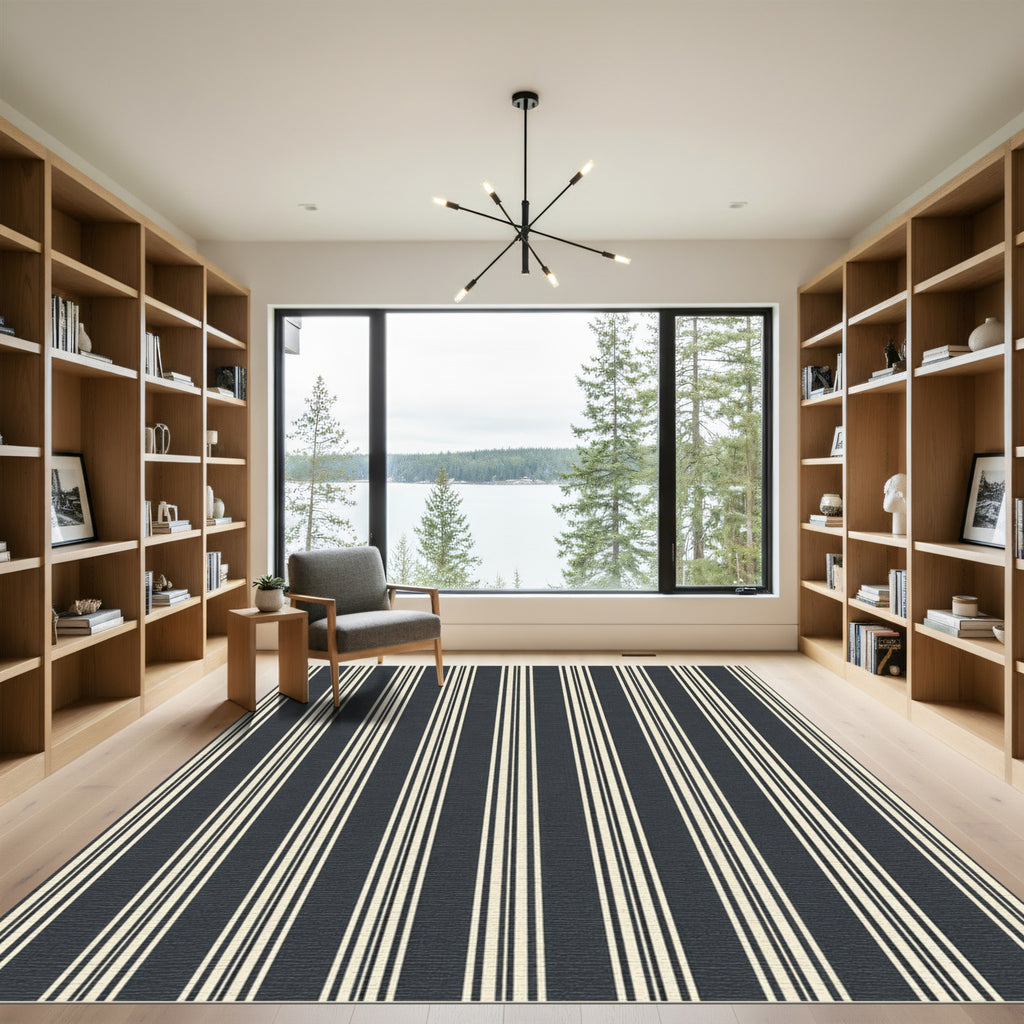 Modern Charcoal and Cream Vertical Striped Rug