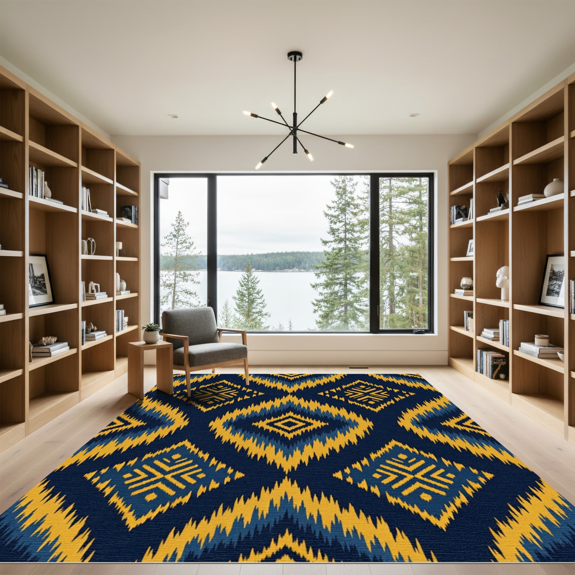 Navy Blue Yellow Ikat Diamond Rug