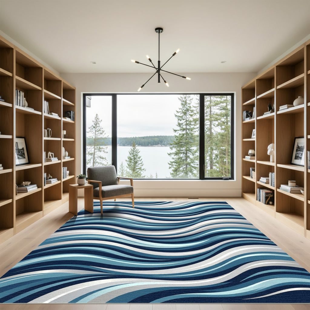 Modern Navy and Slate Wavy Stripe Rug