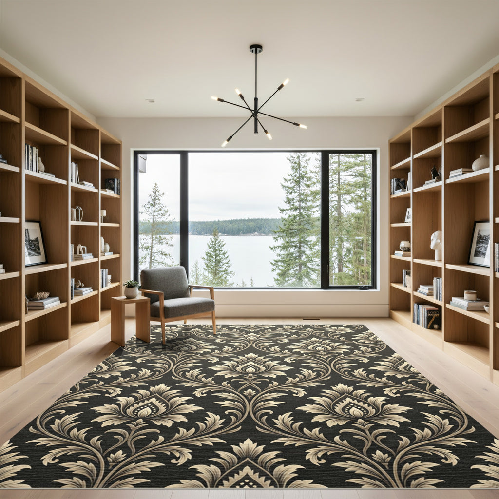 Antique Gold Damask Floral Scroll Rug