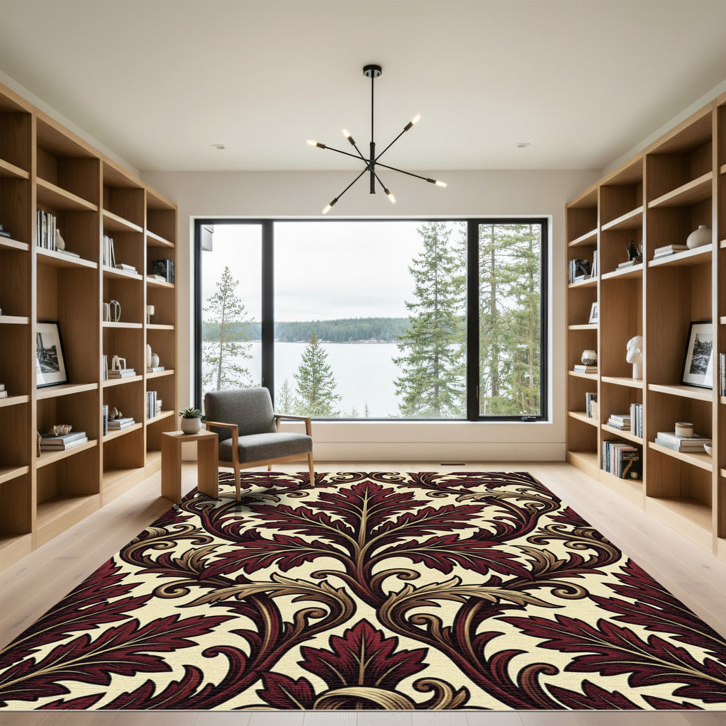 Ornate Burgundy Leaf Scrollwork Rug