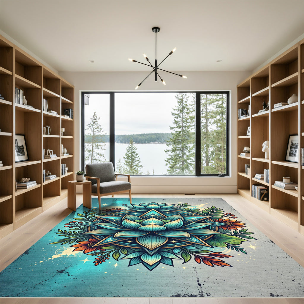 Celestial Teal Lotus Star Mandala Rug