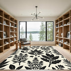Black Botanical Herb Leaf Pattern Rug