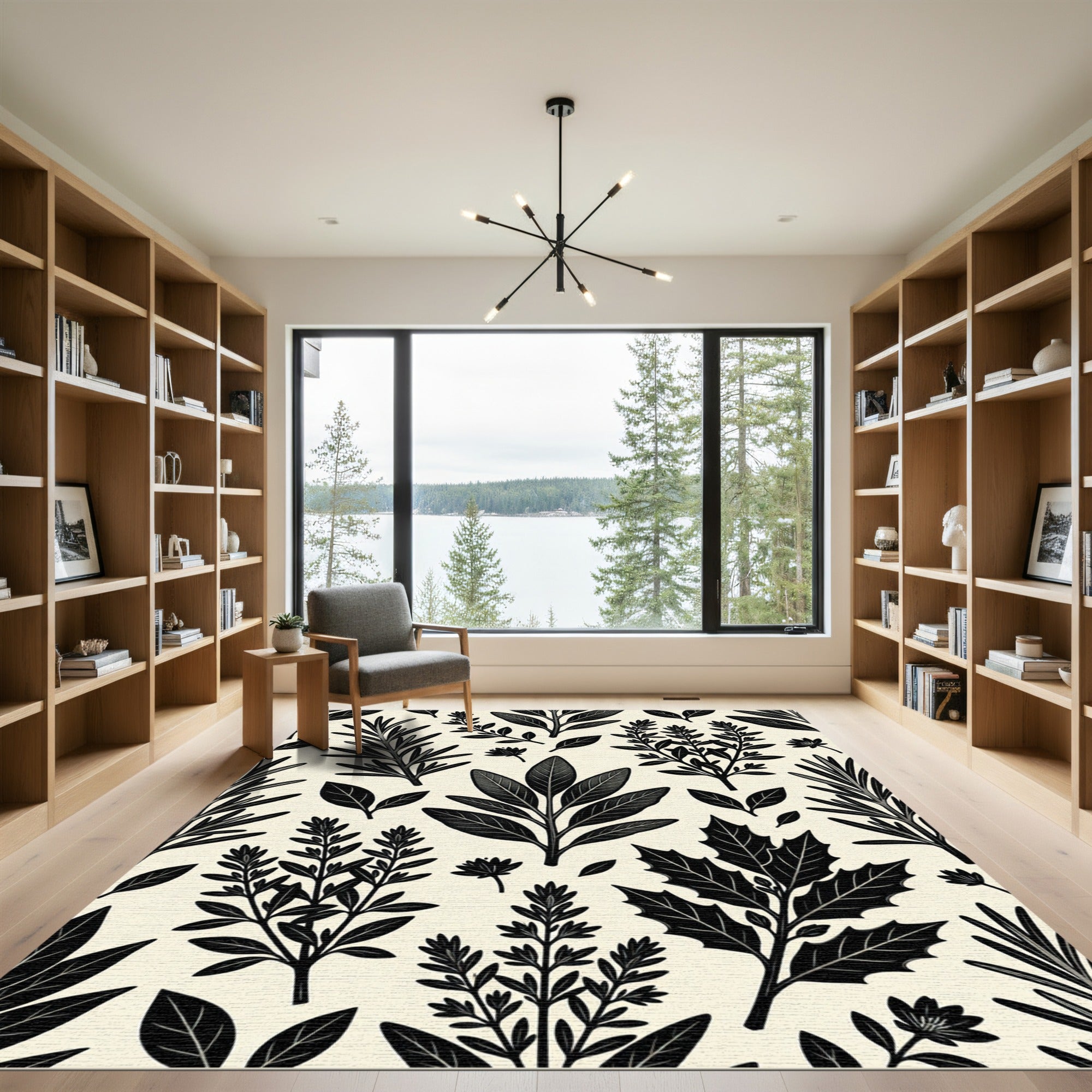 Black Botanical Herb Leaf Pattern Rug