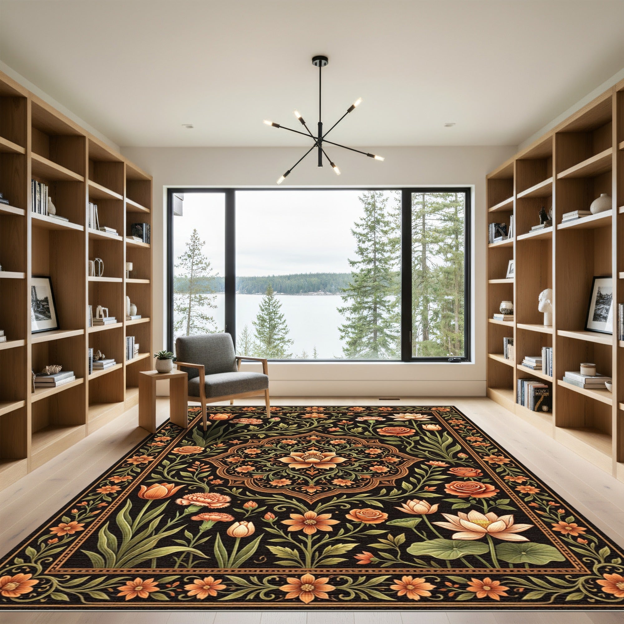 Opulent Black Floral Medallion Garden Rug