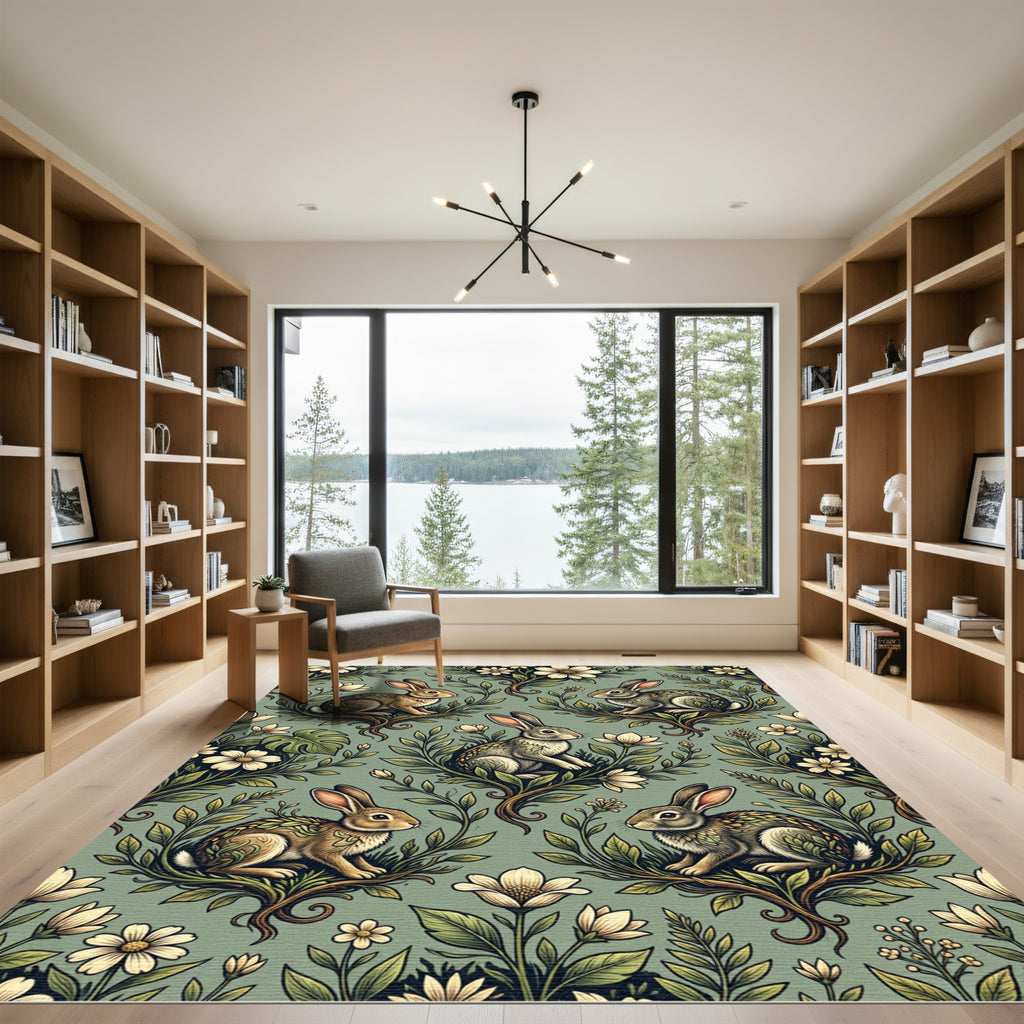 Sage Green Woodland Rabbit Meadow Rug