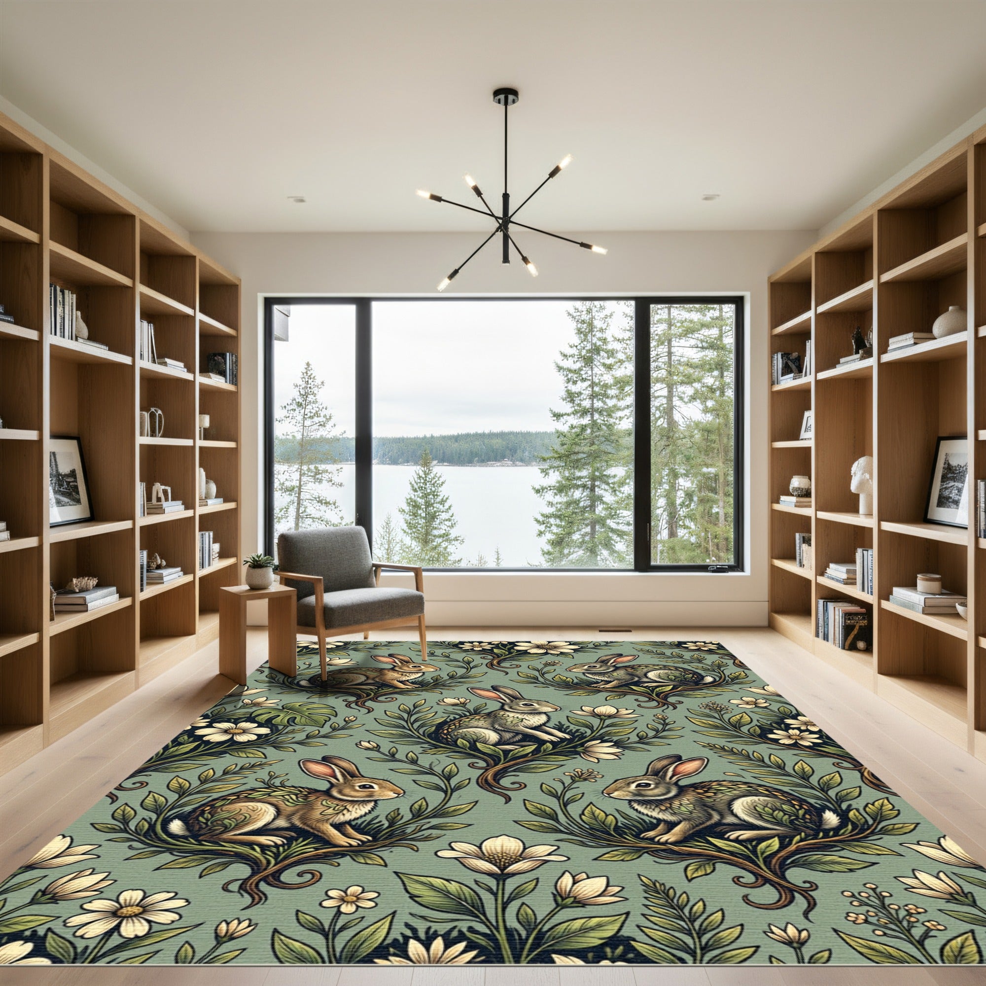 Sage Green Woodland Rabbit Meadow Rug