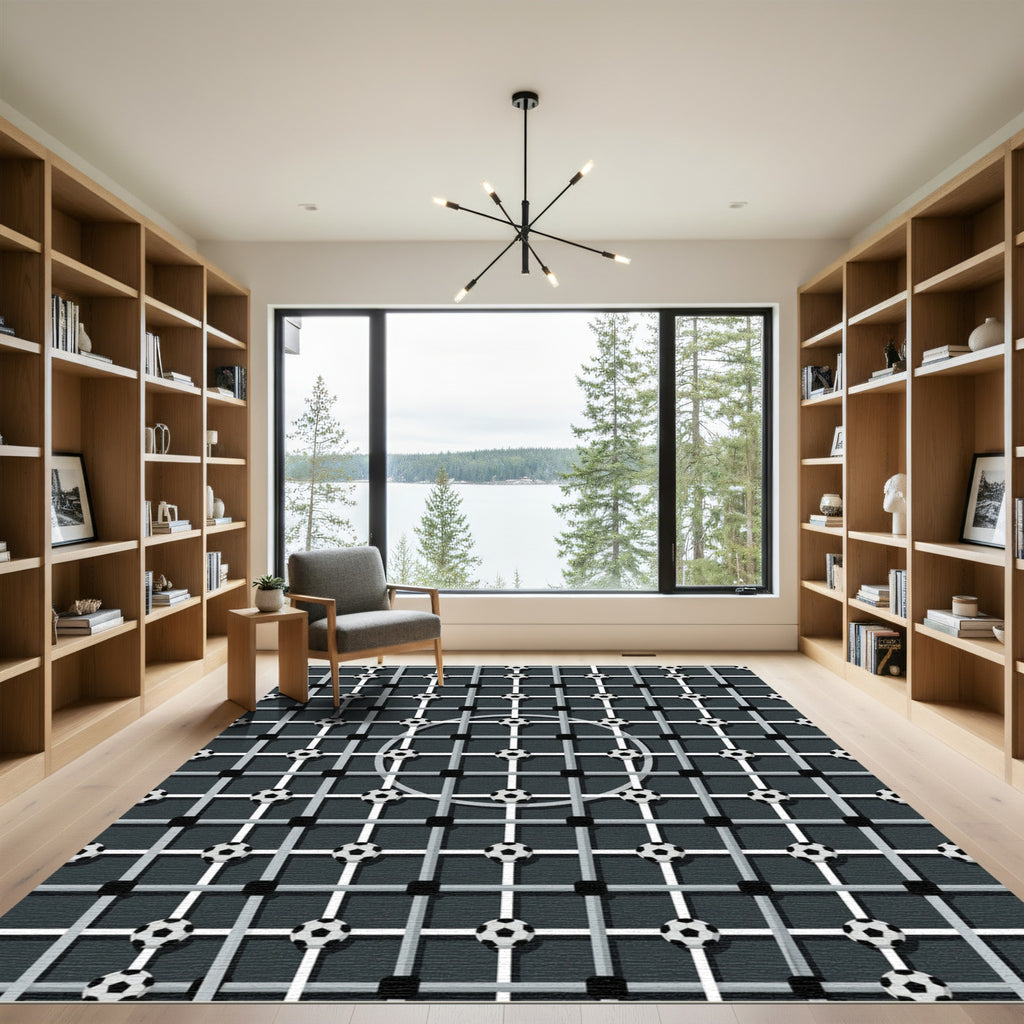 Monochrome Grid Football Sphere Graphic Rug