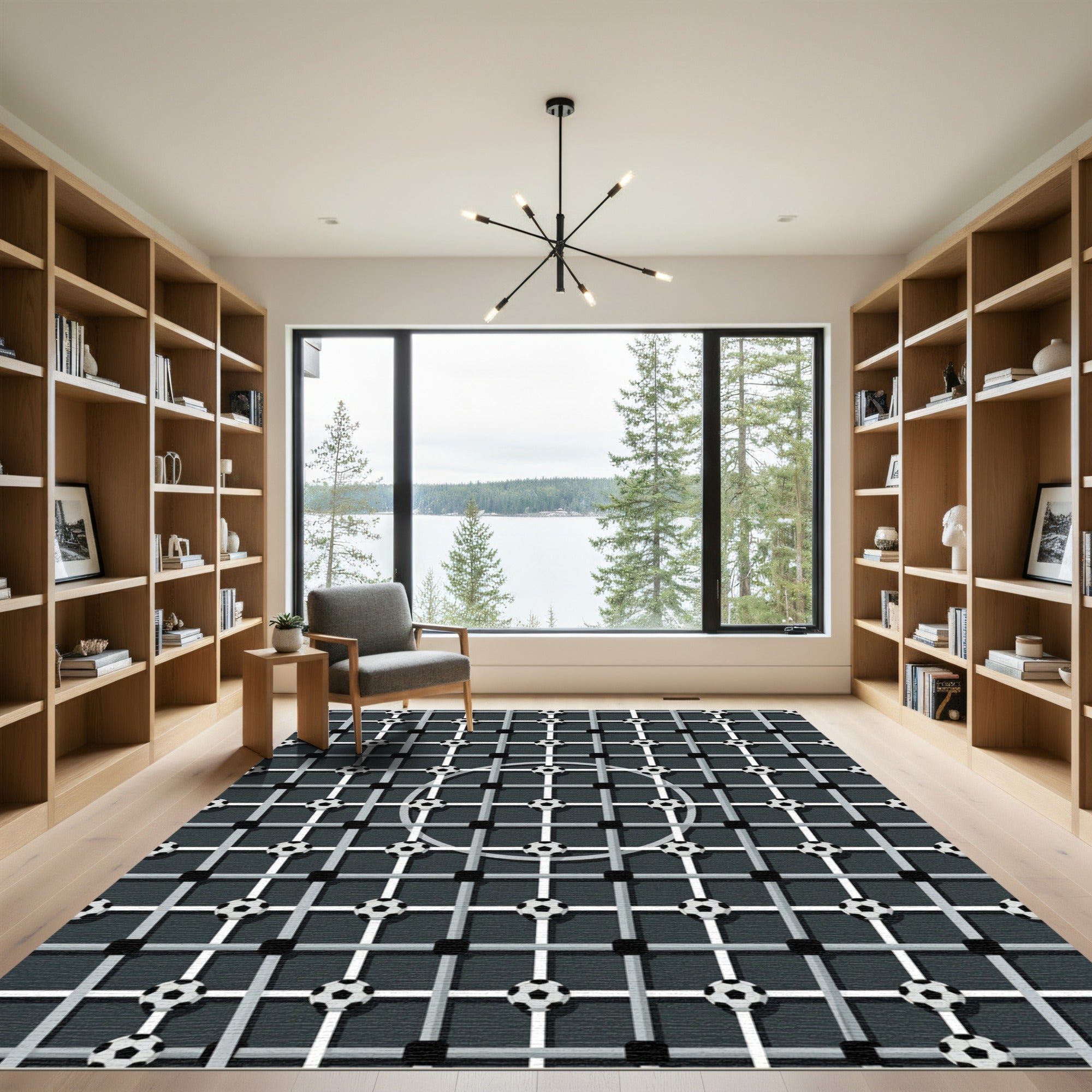 Monochrome Grid Football Sphere Graphic Rug