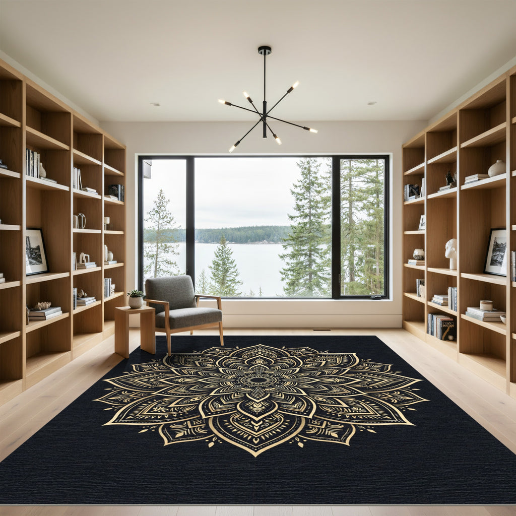 Golden Ornate Mandala Medallion Circular Rug