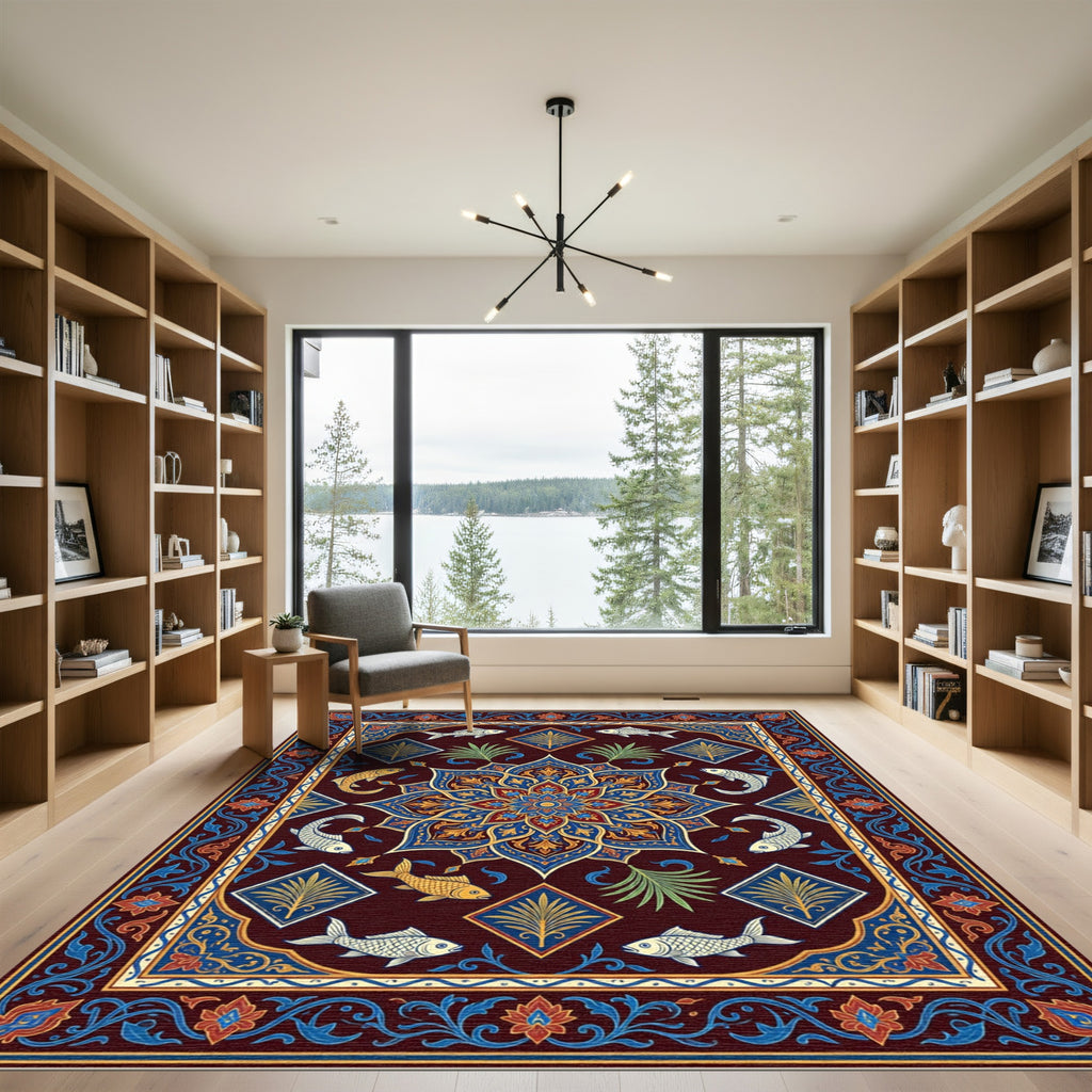 Rich Burgundy Fish Medallion Border Rug