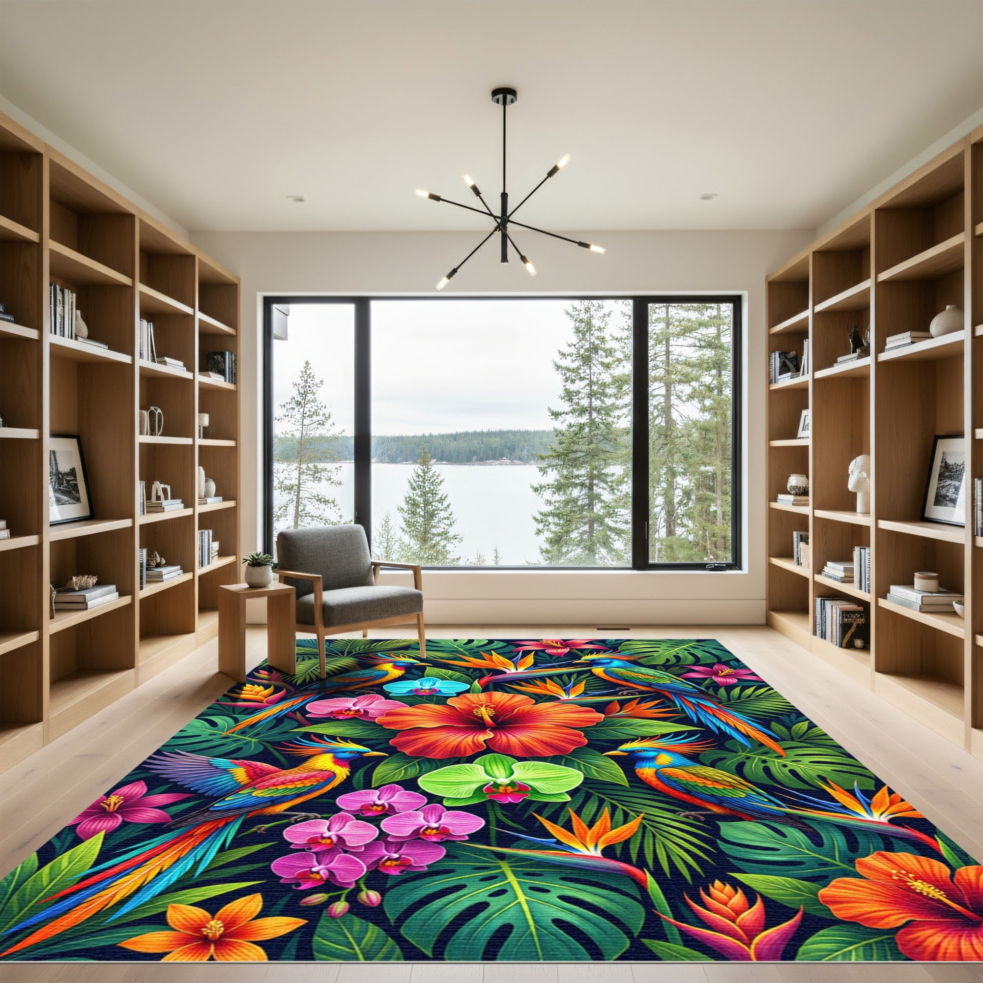 Vibrant Tropical Bird and Orchid Jungle Rug