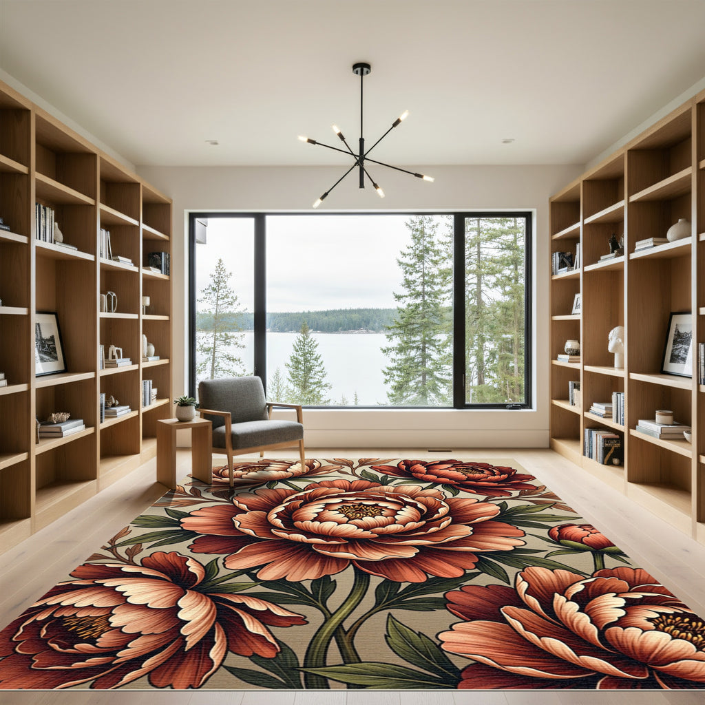 Earthy Terracotta Peony Floral Bouquet Rug
