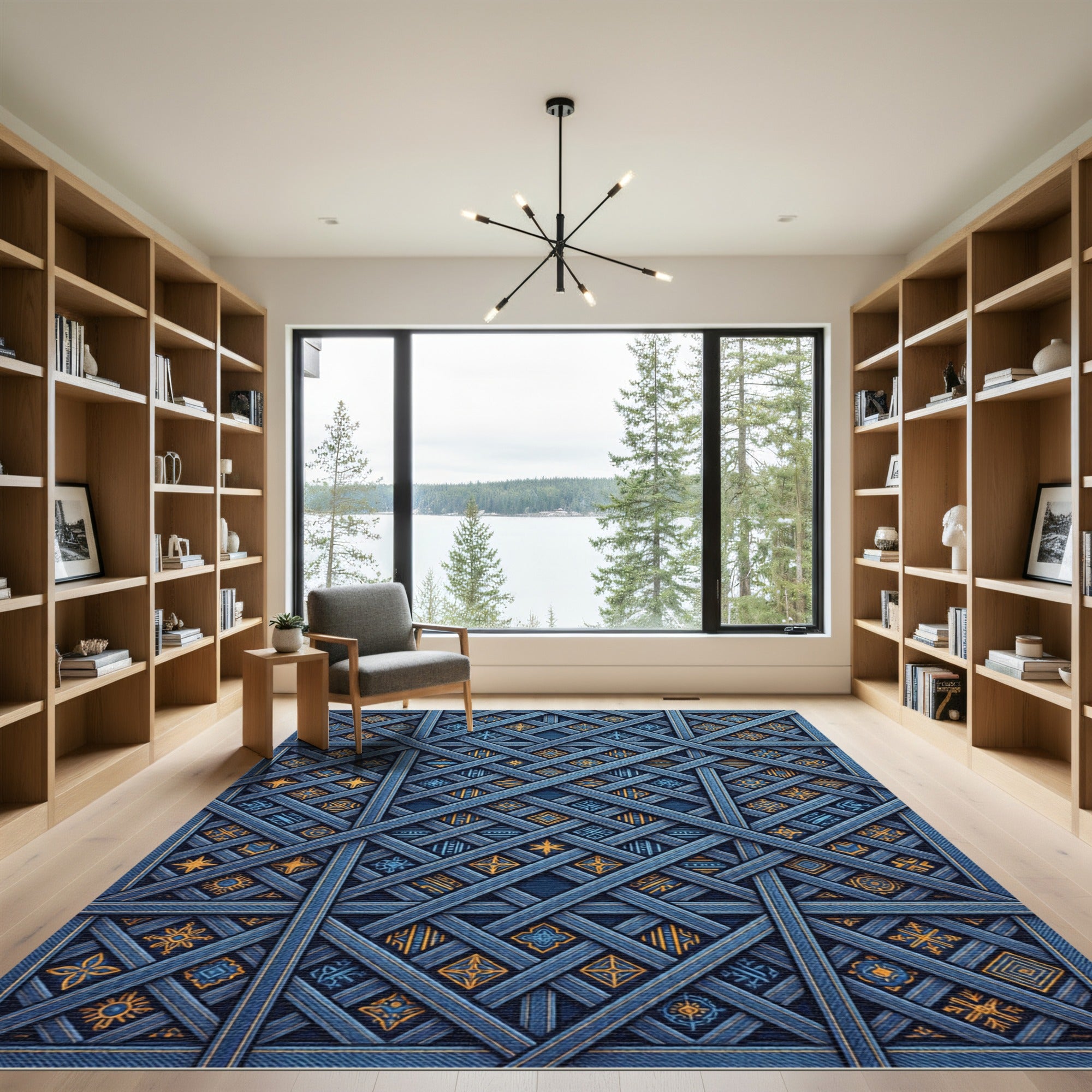 Blue Geometric Interlocking Lattice Grid Rug