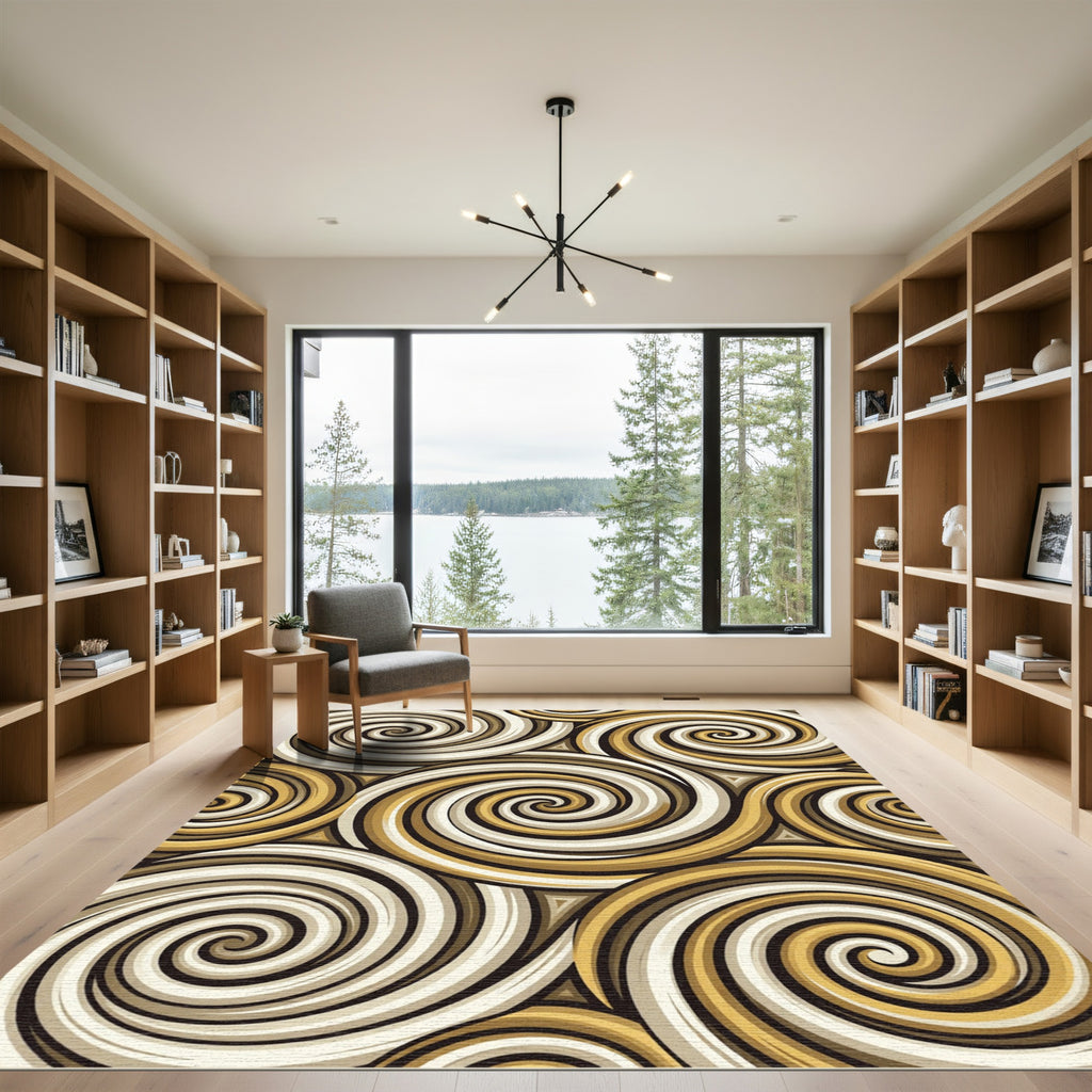 Gold Cream Brown Swirling Waves Rug